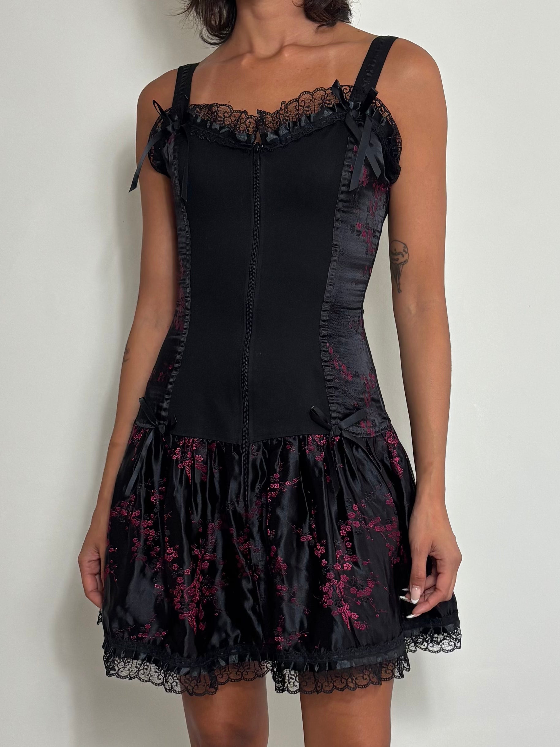 Y2K Coquette Black & Pink Floral Mini Slip Dress with Lace & Bows Corset Vibe (XS)