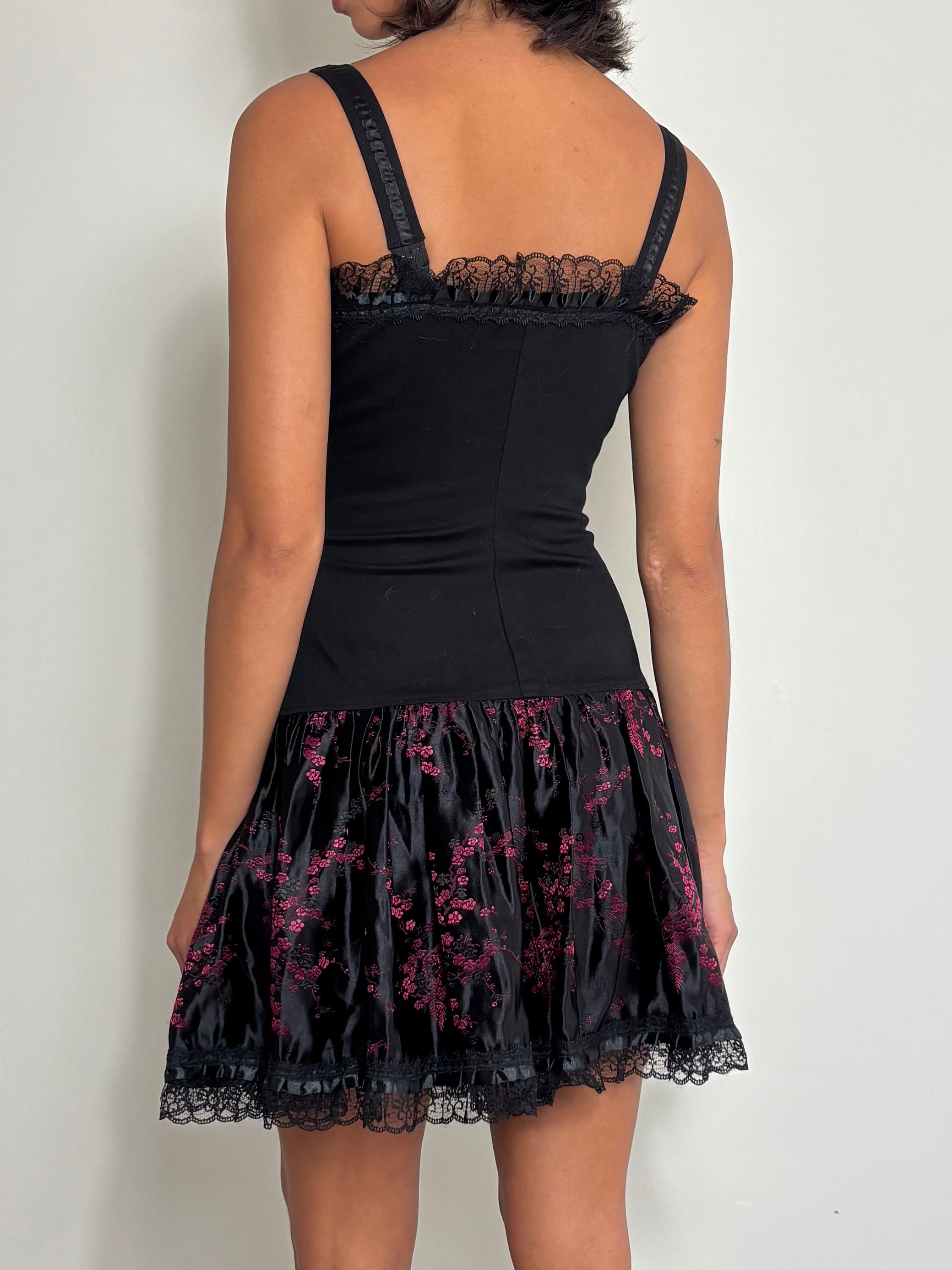Y2K Coquette Black & Pink Floral Mini Slip Dress with Lace & Bows Corset Vibe (XS)
