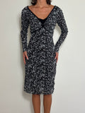 Y2K Black & White Floral Mesh Midi Dress Long Sleeve V-Neck with Bow Whimsigoth Grunge (M)