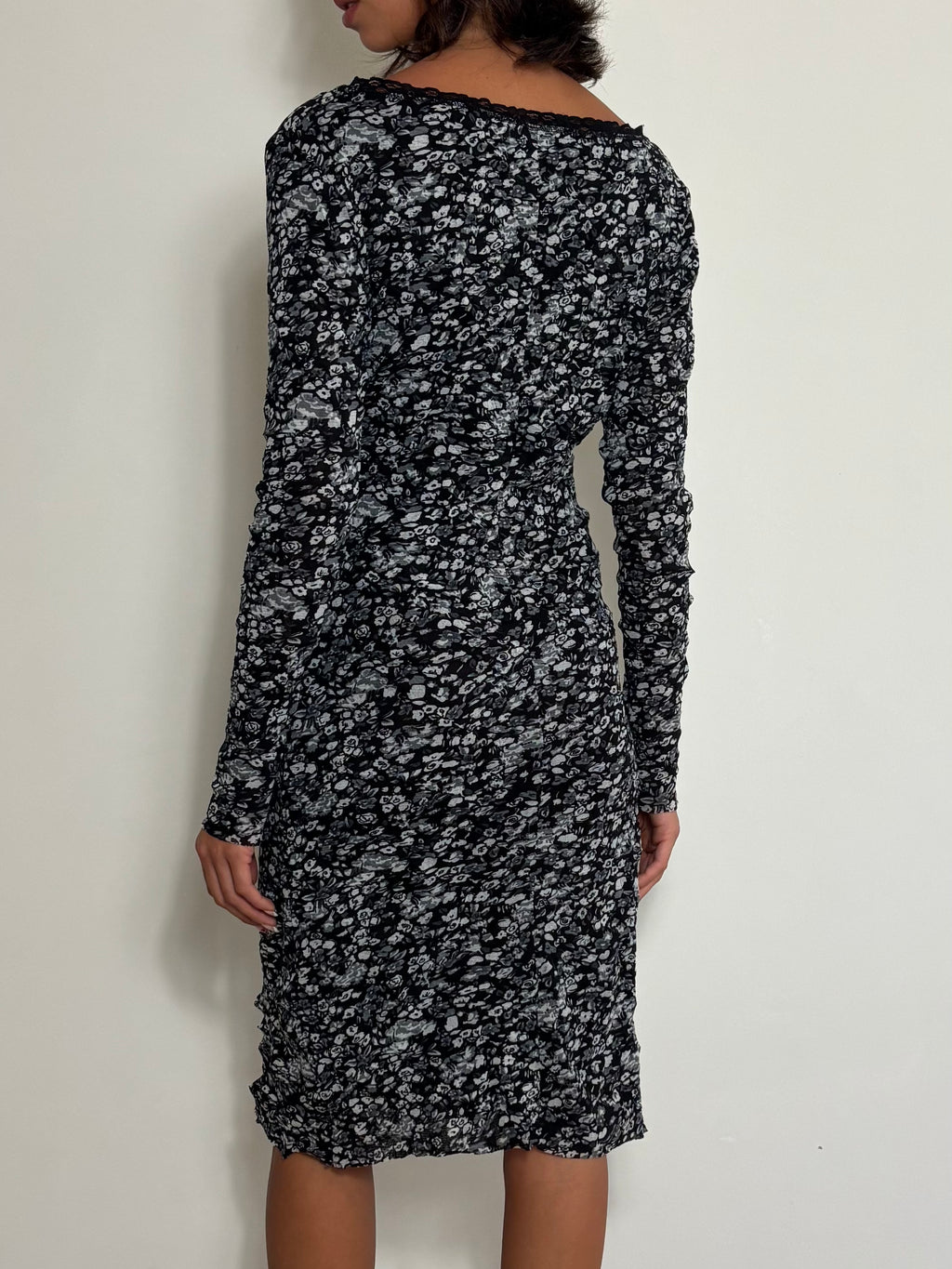 Y2K Black & White Floral Mesh Midi Dress Long Sleeve V-Neck with Bow Whimsigoth Grunge (M)