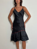 90s Vintage Black Satin Slip Dress with Red Sequin Trim & Ruffled Hem (S)
