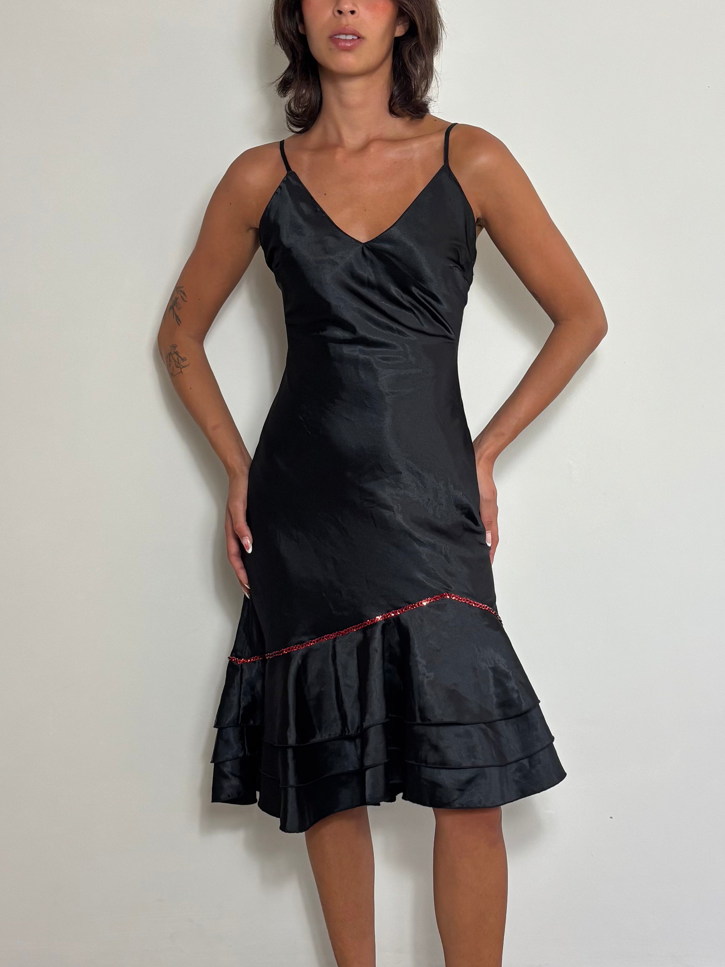 90s Vintage Black Satin Slip Dress with Red Sequin Trim & Ruffled Hem (S)