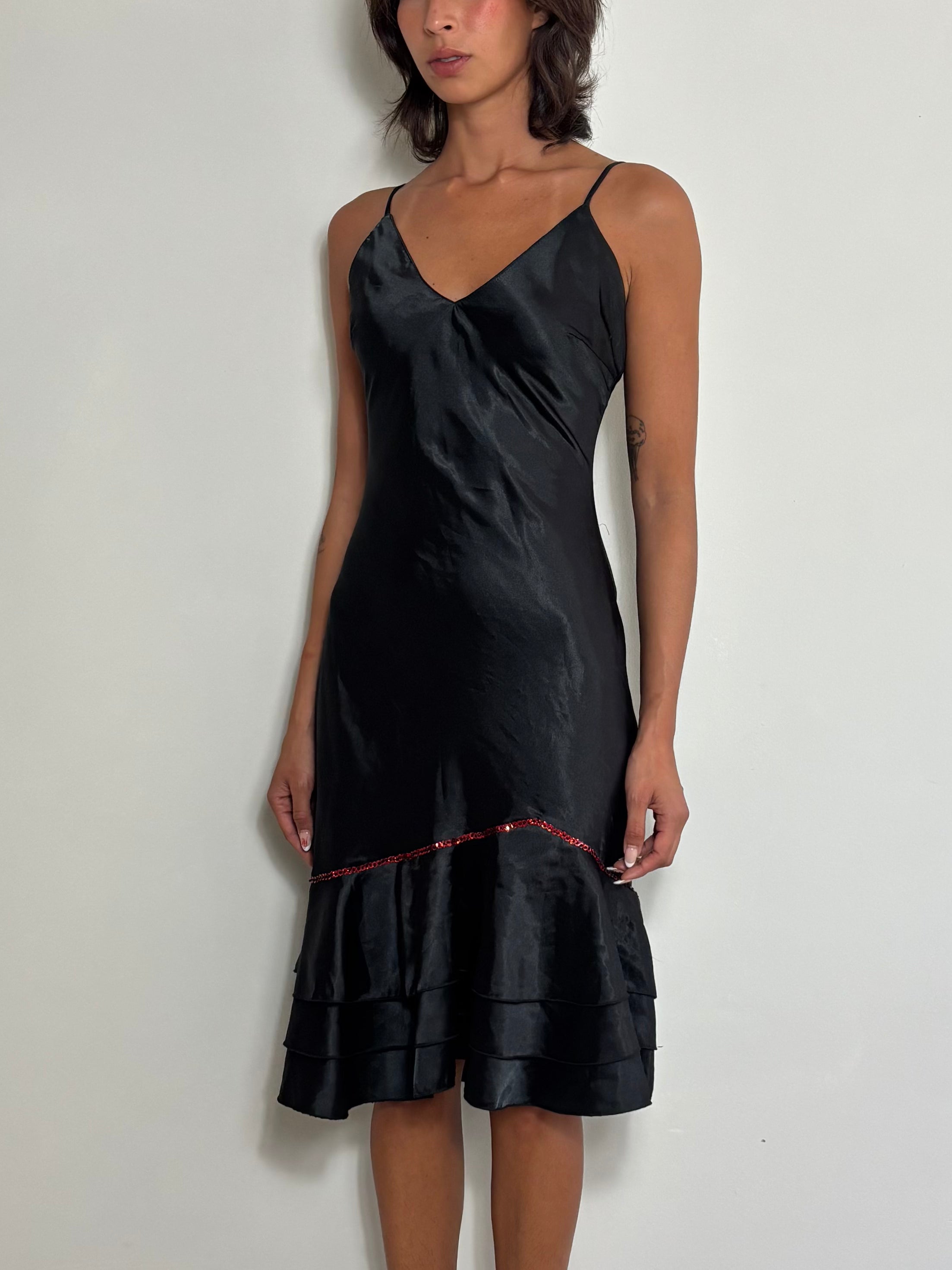 90s Vintage Black Satin Slip Dress with Red Sequin Trim & Ruffled Hem (S)