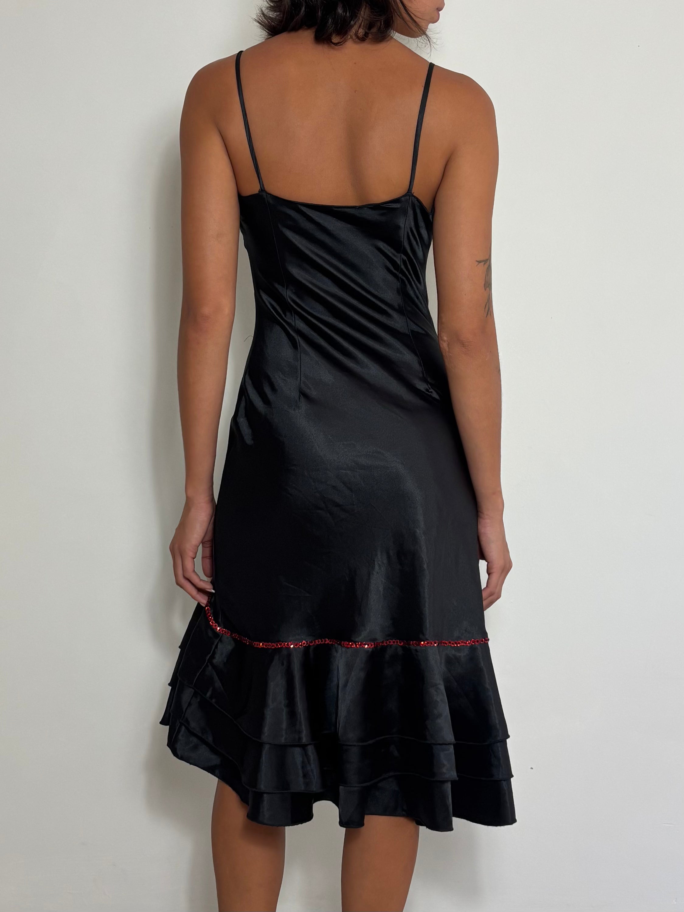 90s Vintage Black Satin Slip Dress with Red Sequin Trim & Ruffled Hem (S)