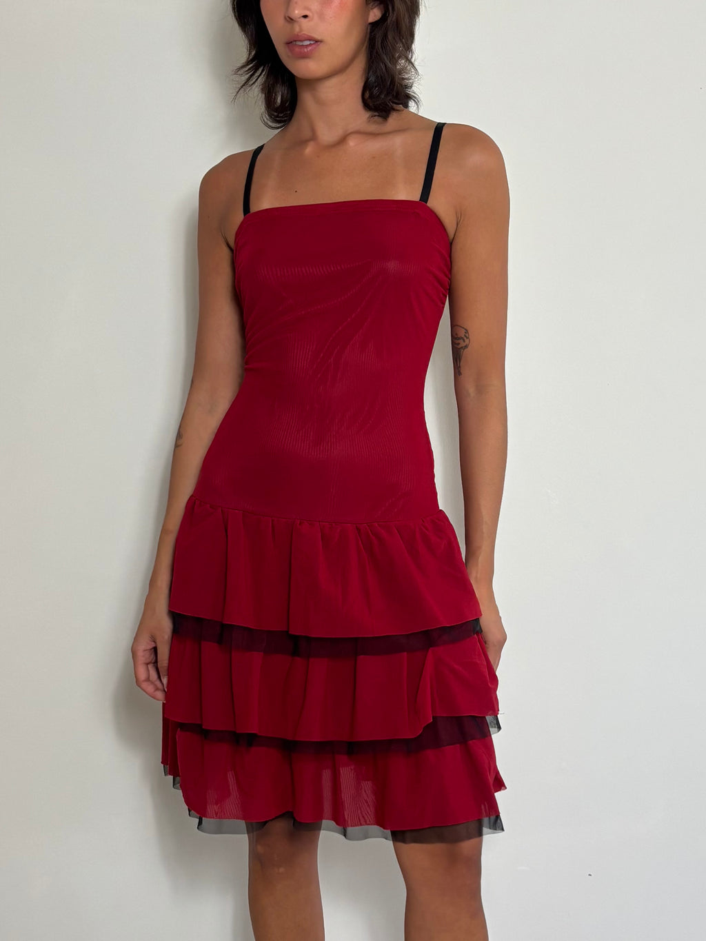 Y2K Red Tiered Ruffle Slip Dress Mesh Layered Mini Dress Coquette (S)