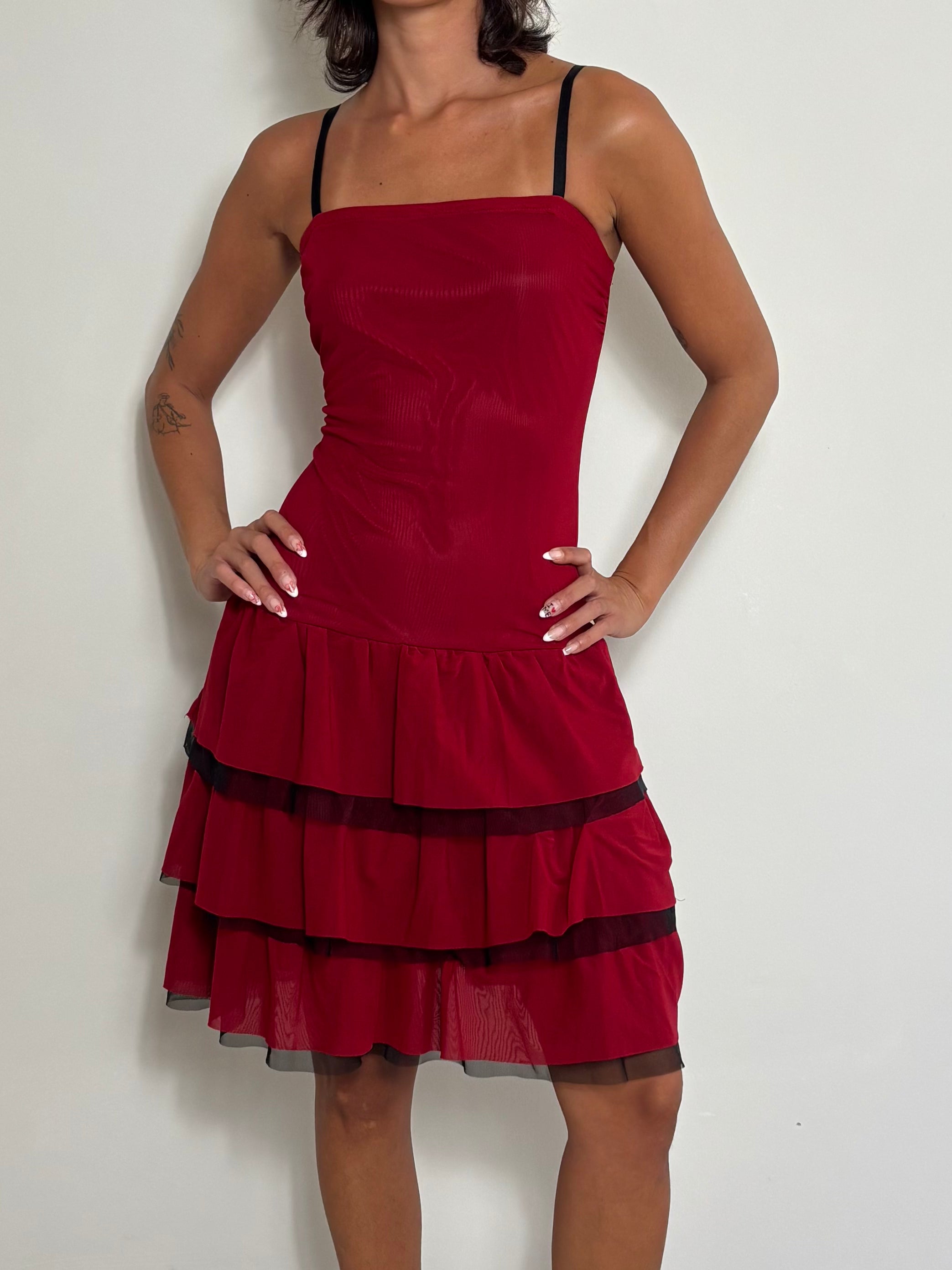 Y2K Red Tiered Ruffle Slip Dress Mesh Layered Mini Dress Coquette (S)