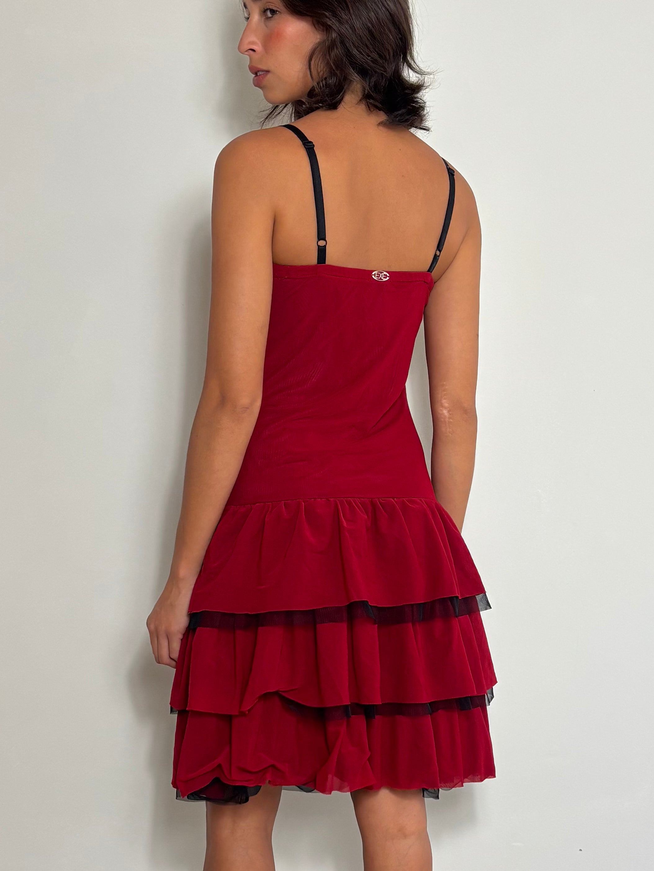 Y2K Red Tiered Ruffle Slip Dress Mesh Layered Mini Dress Coquette (S)