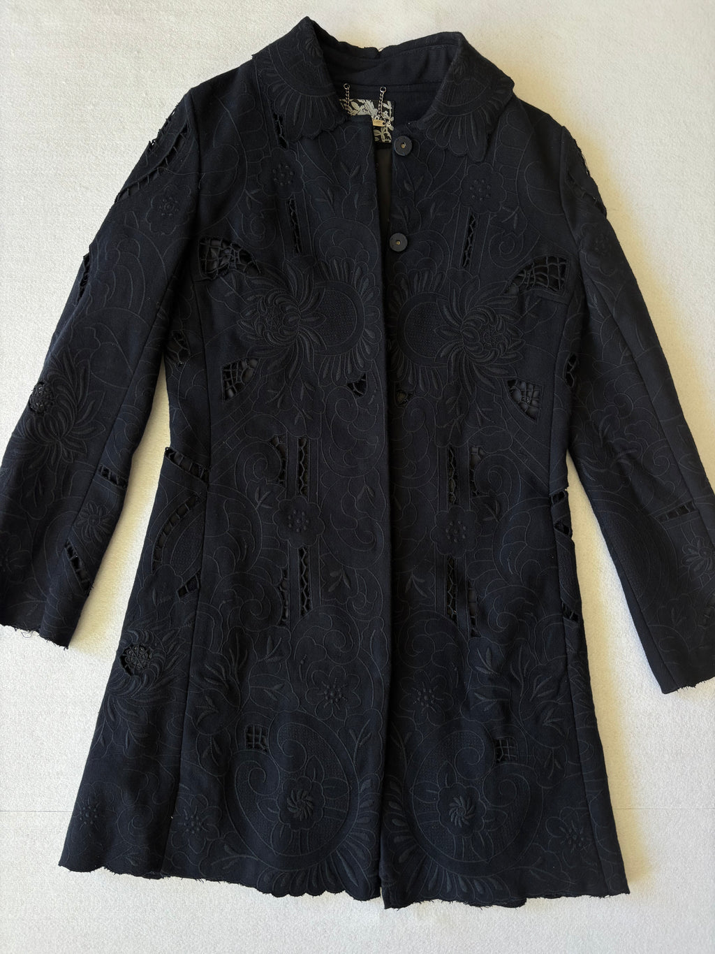 Vintage Blue Floral Cutout Embroidered Long Trench Coat (S)