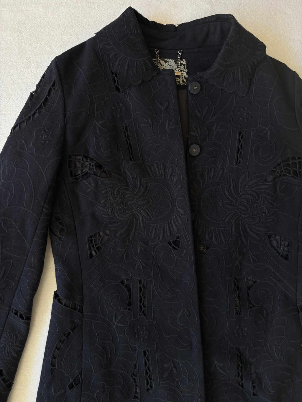 Vintage Blue Floral Cutout Embroidered Long Trench Coat (S)