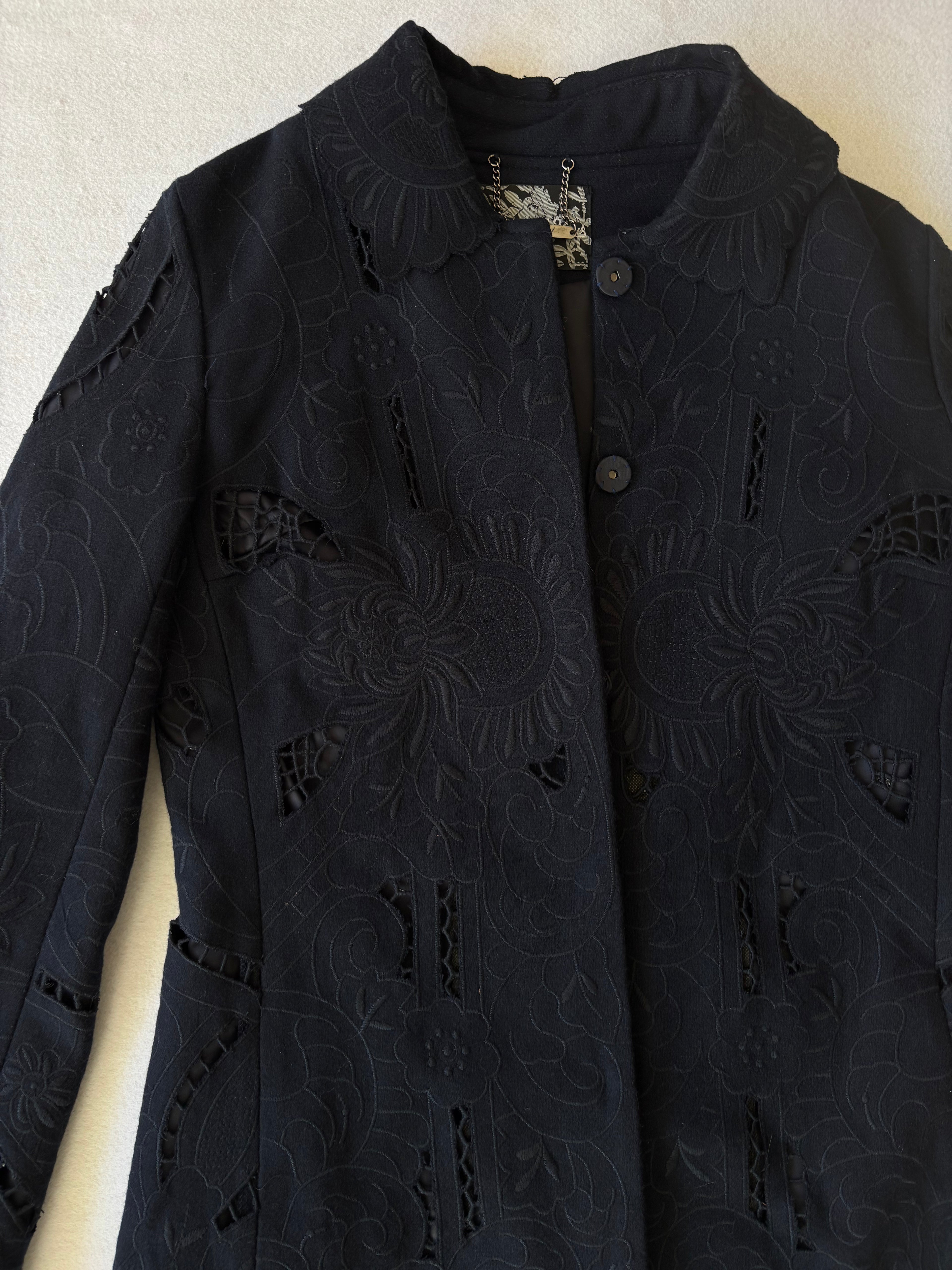 Vintage Blue Floral Cutout Embroidered Long Trench Coat (S)