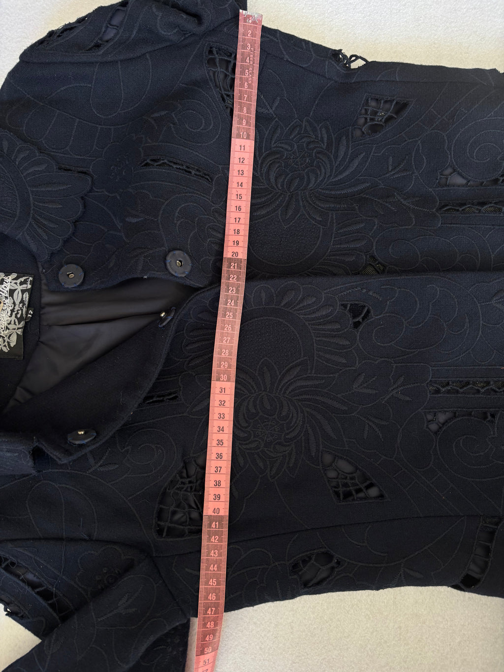 Vintage Blue Floral Cutout Embroidered Long Trench Coat (S)