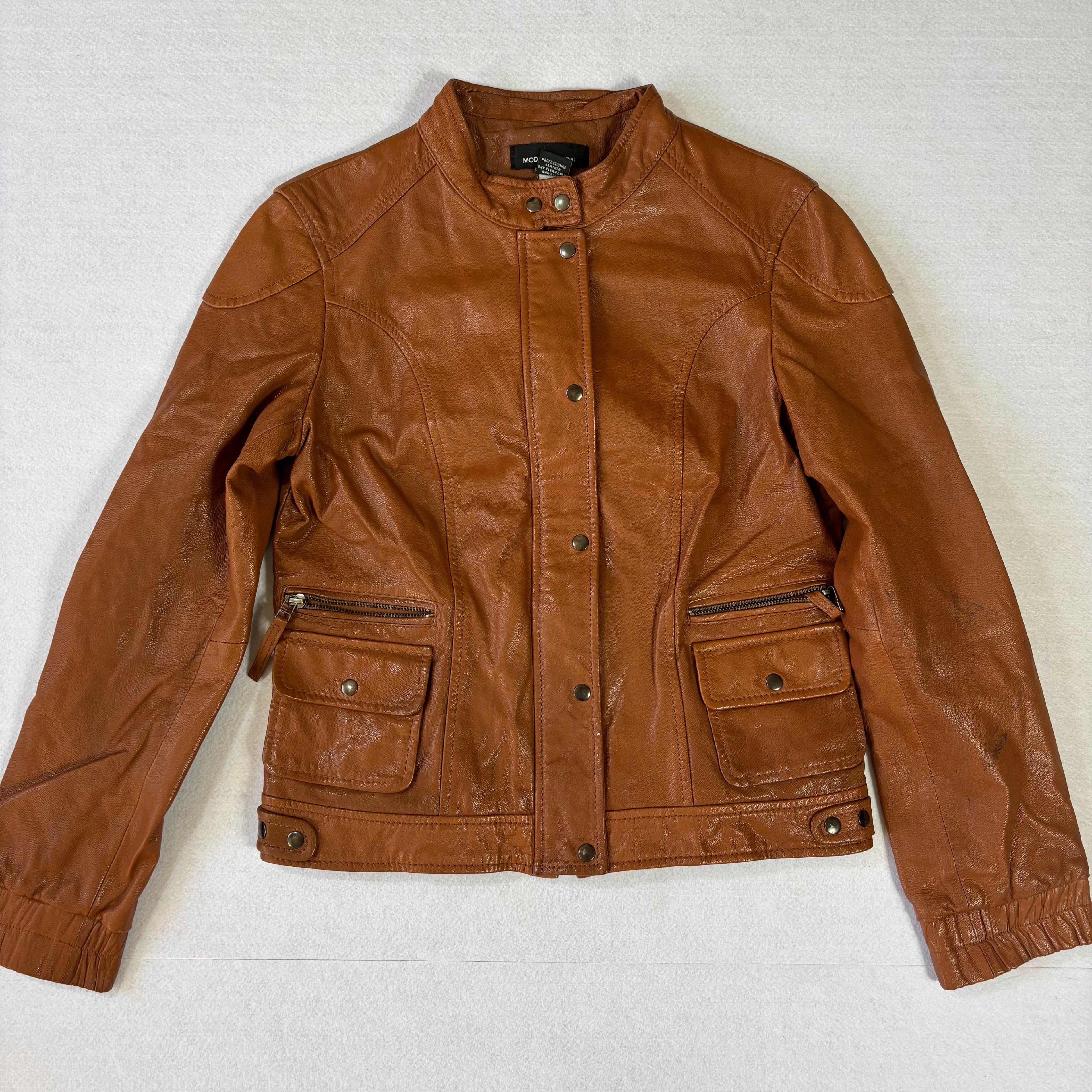 Vintage Tan Brown Leather Biker Jacket (M)