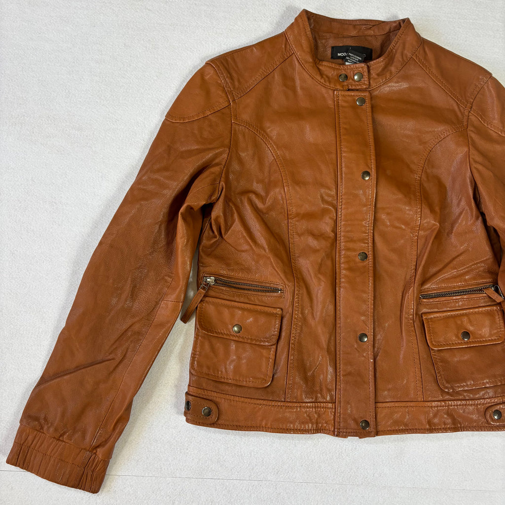 Vintage Tan Brown Leather Biker Jacket (M)