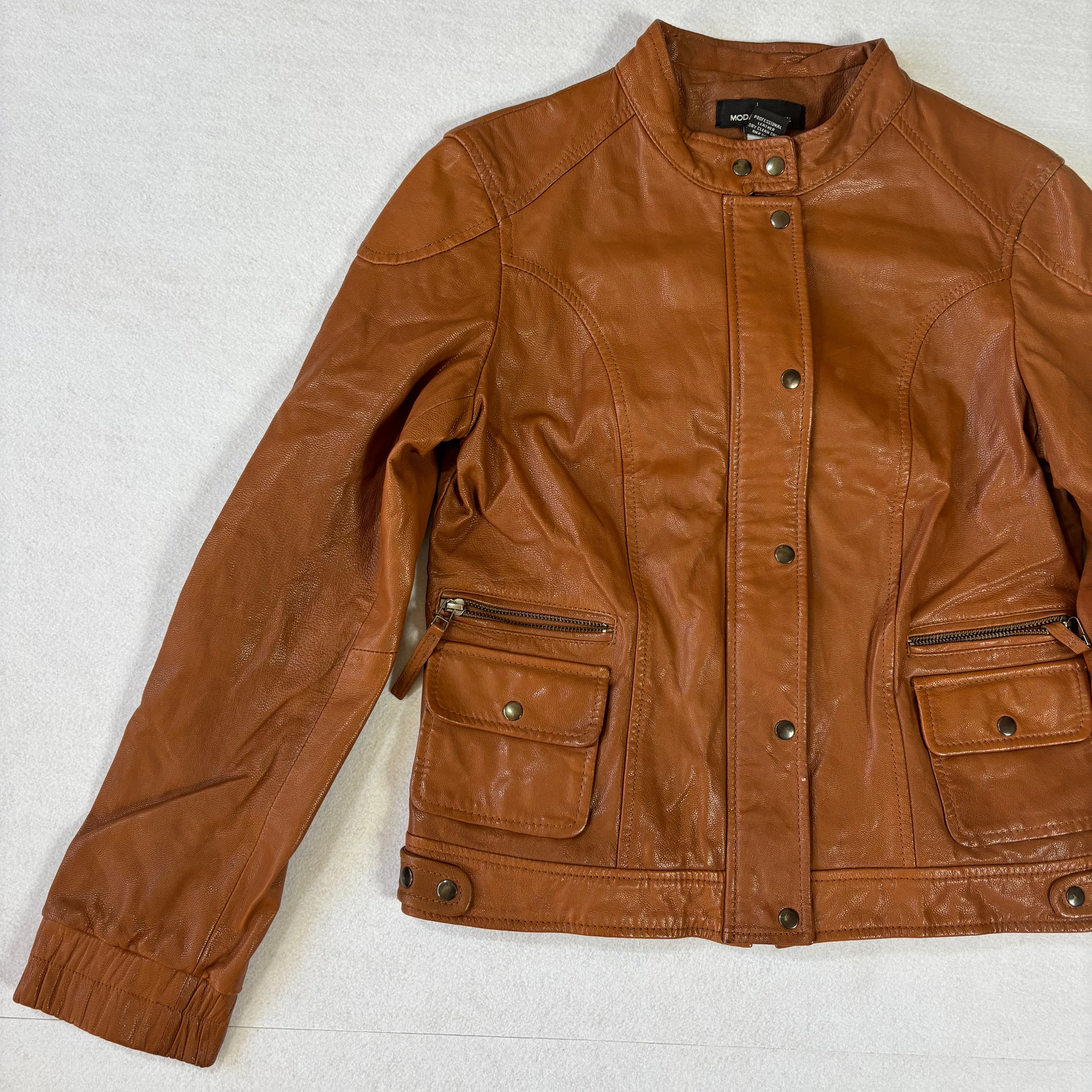 Vintage Tan Brown Leather Biker Jacket (M)