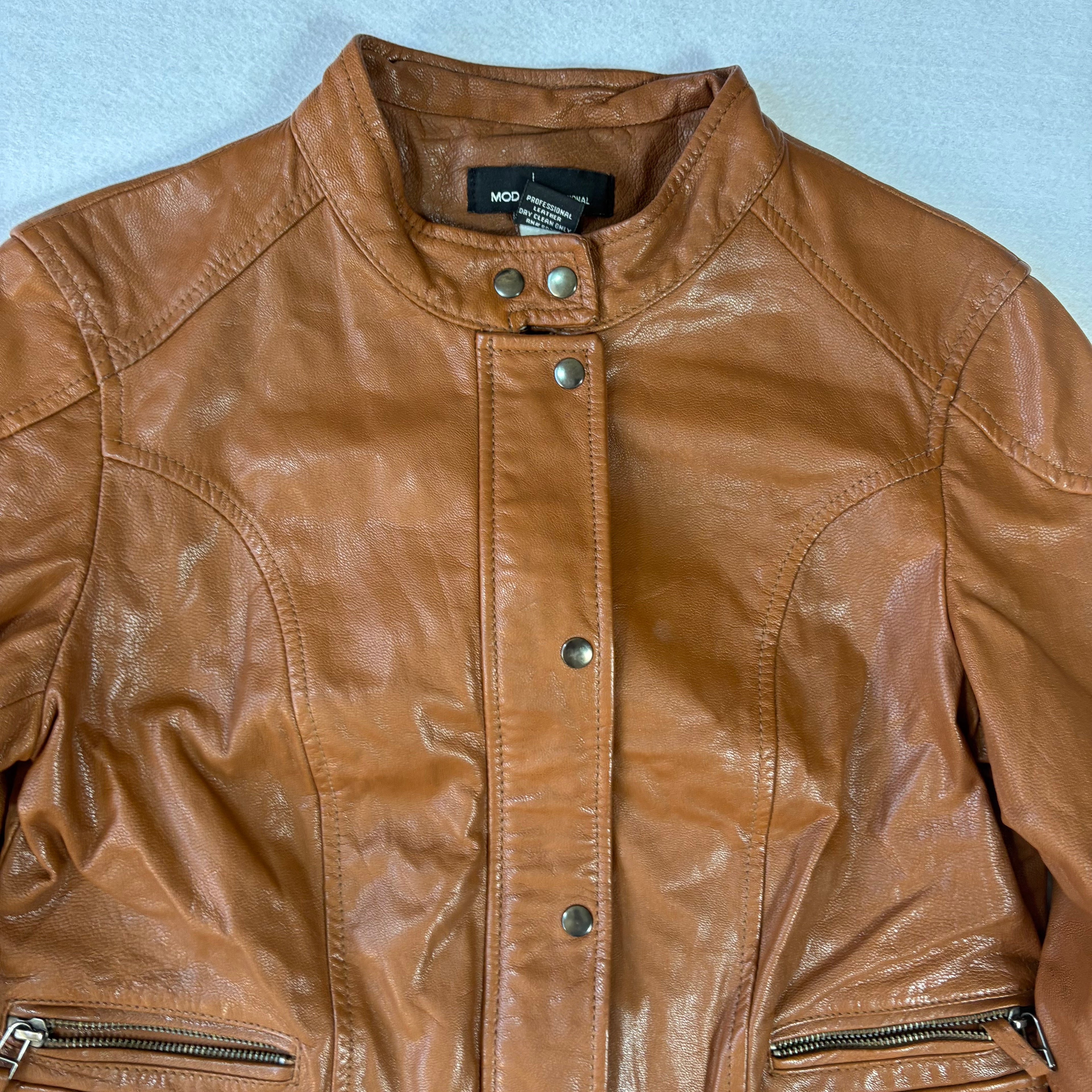 Vintage Tan Brown Leather Biker Jacket (M)