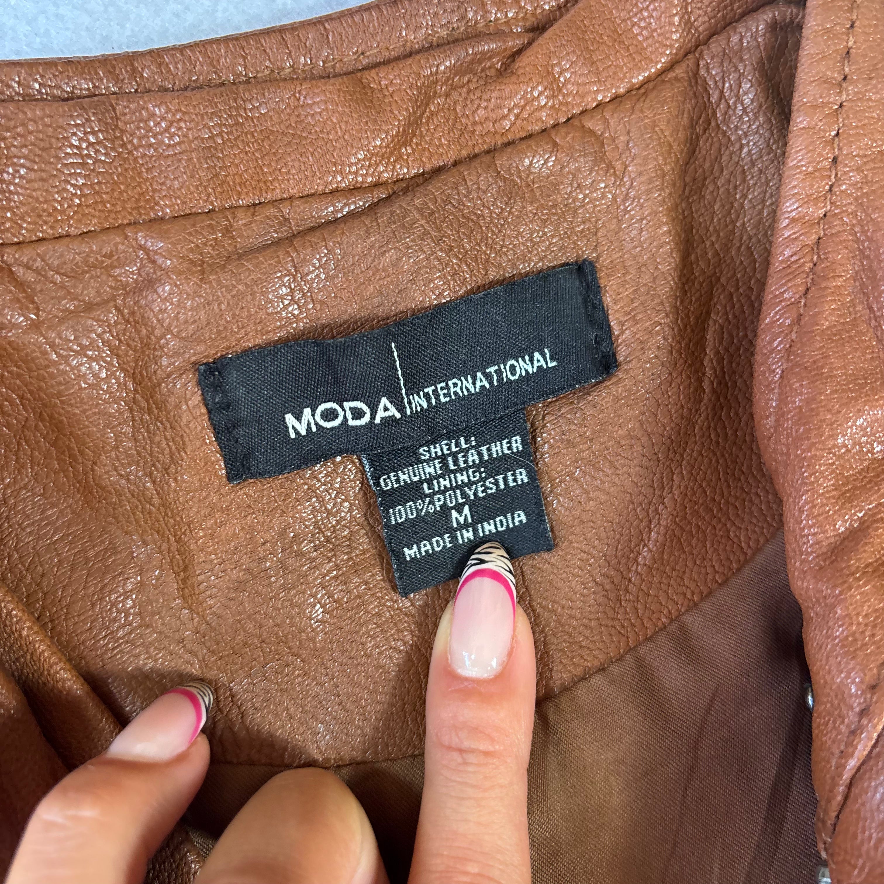 Vintage Tan Brown Leather Biker Jacket (M)