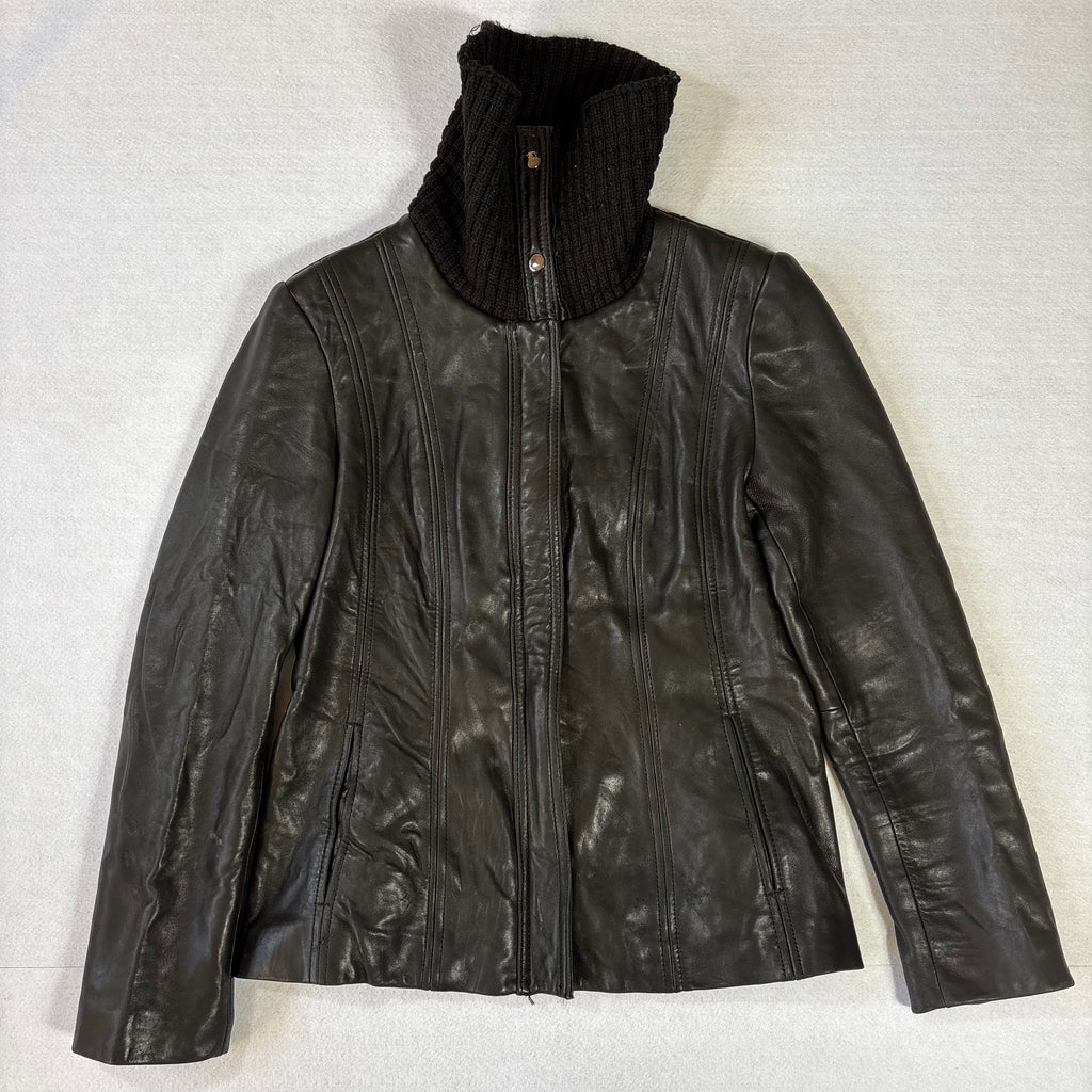 Vintage Black Leather Jacket with Knit Turtleneck Collar (L)