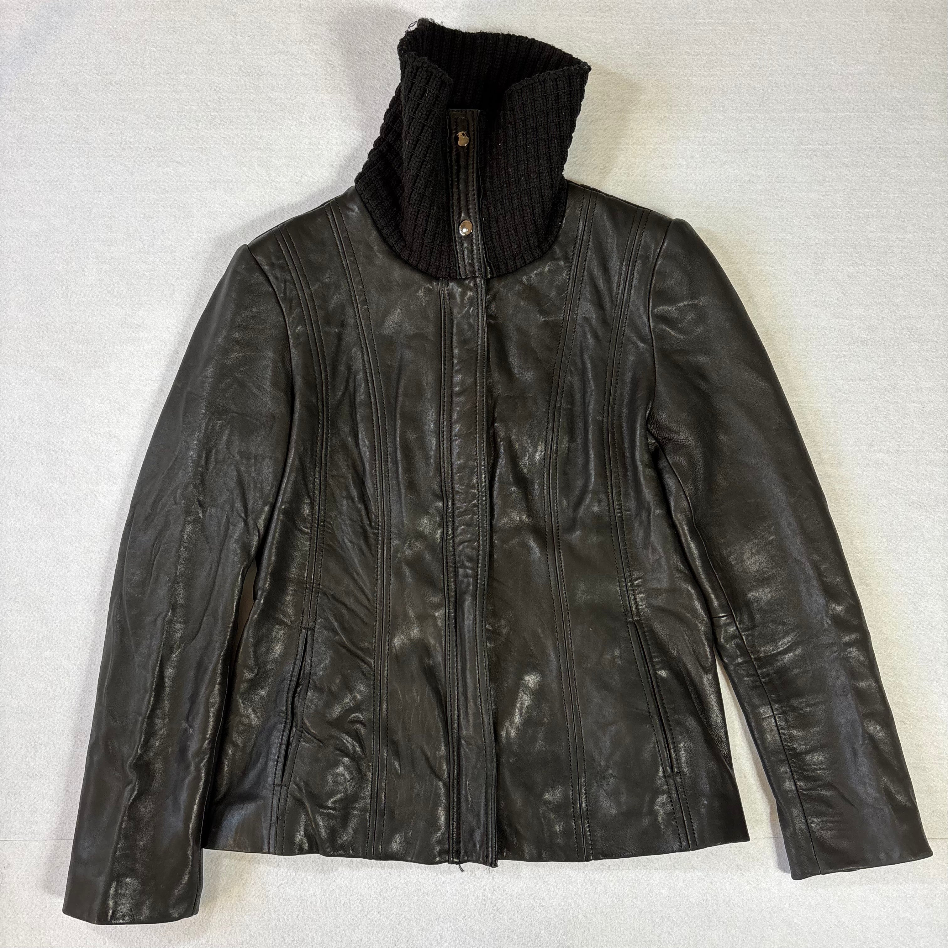 Vintage Black Leather Jacket with Knit Turtleneck Collar (L)