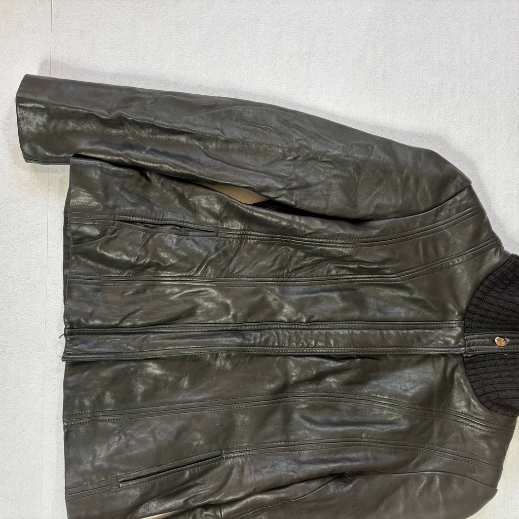 Vintage Black Leather Jacket with Knit Turtleneck Collar (L)