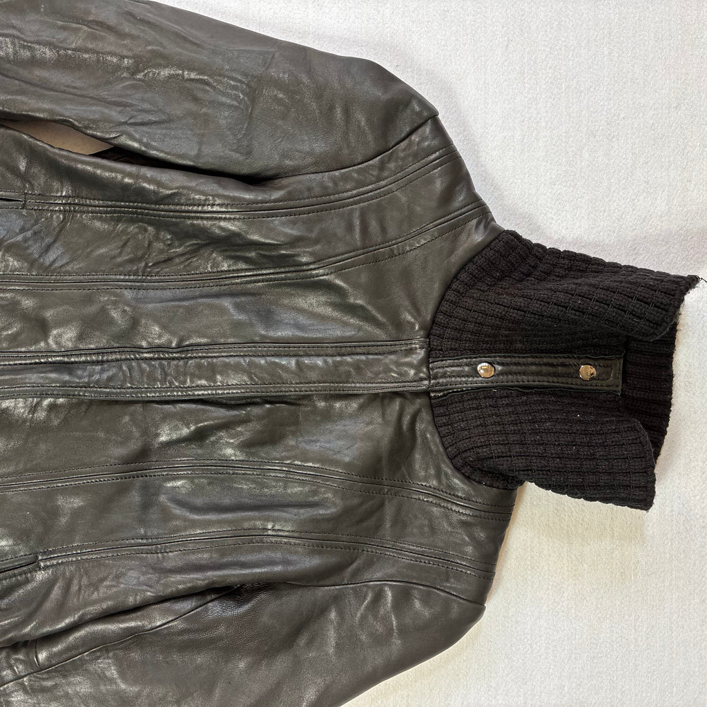 Vintage Black Leather Jacket with Knit Turtleneck Collar (L)