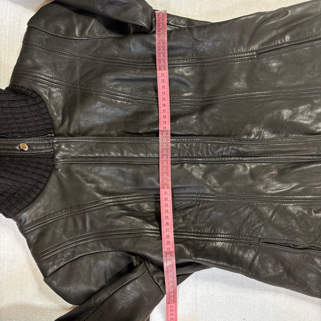 Vintage Black Leather Jacket with Knit Turtleneck Collar (L)