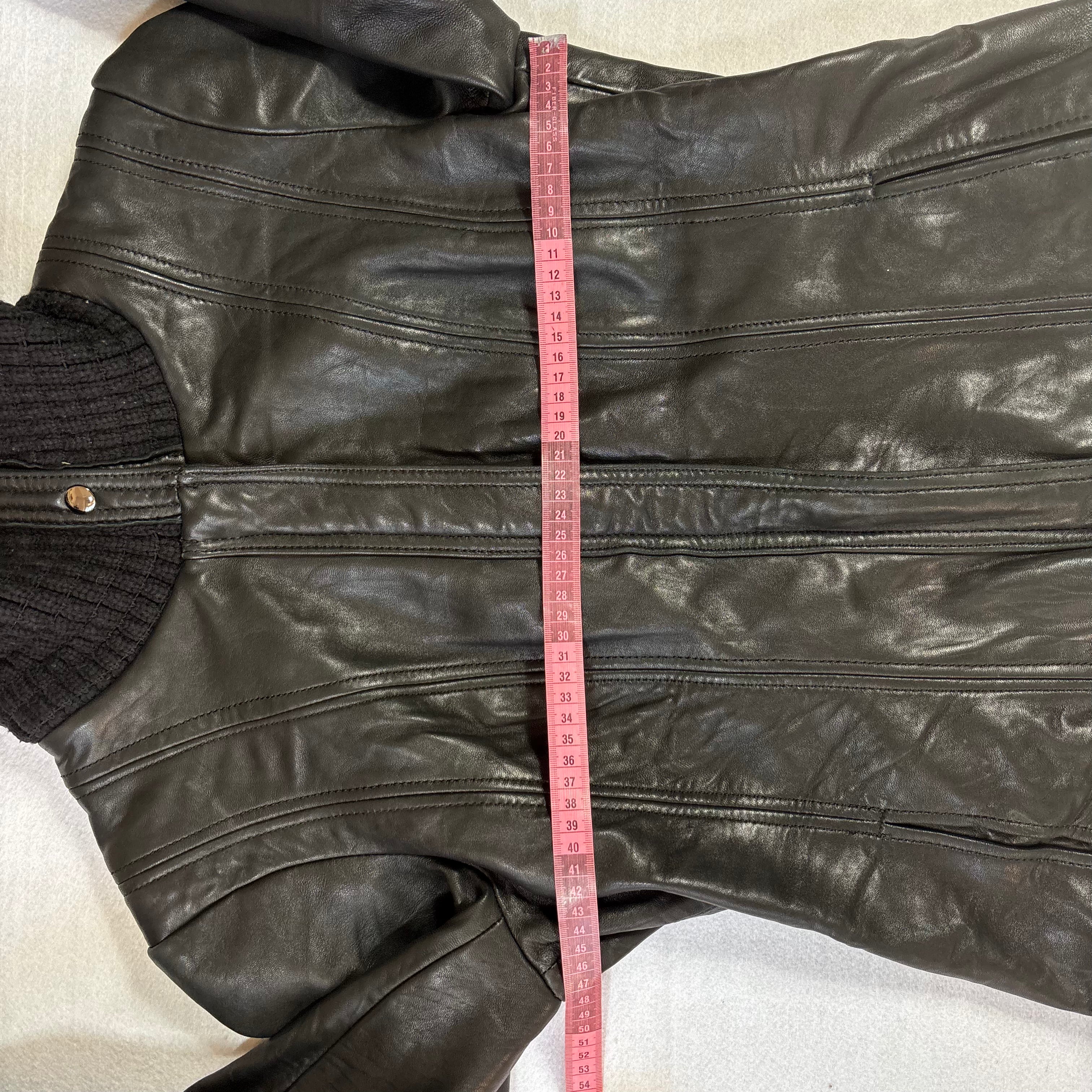 Vintage Black Leather Jacket with Knit Turtleneck Collar (L)