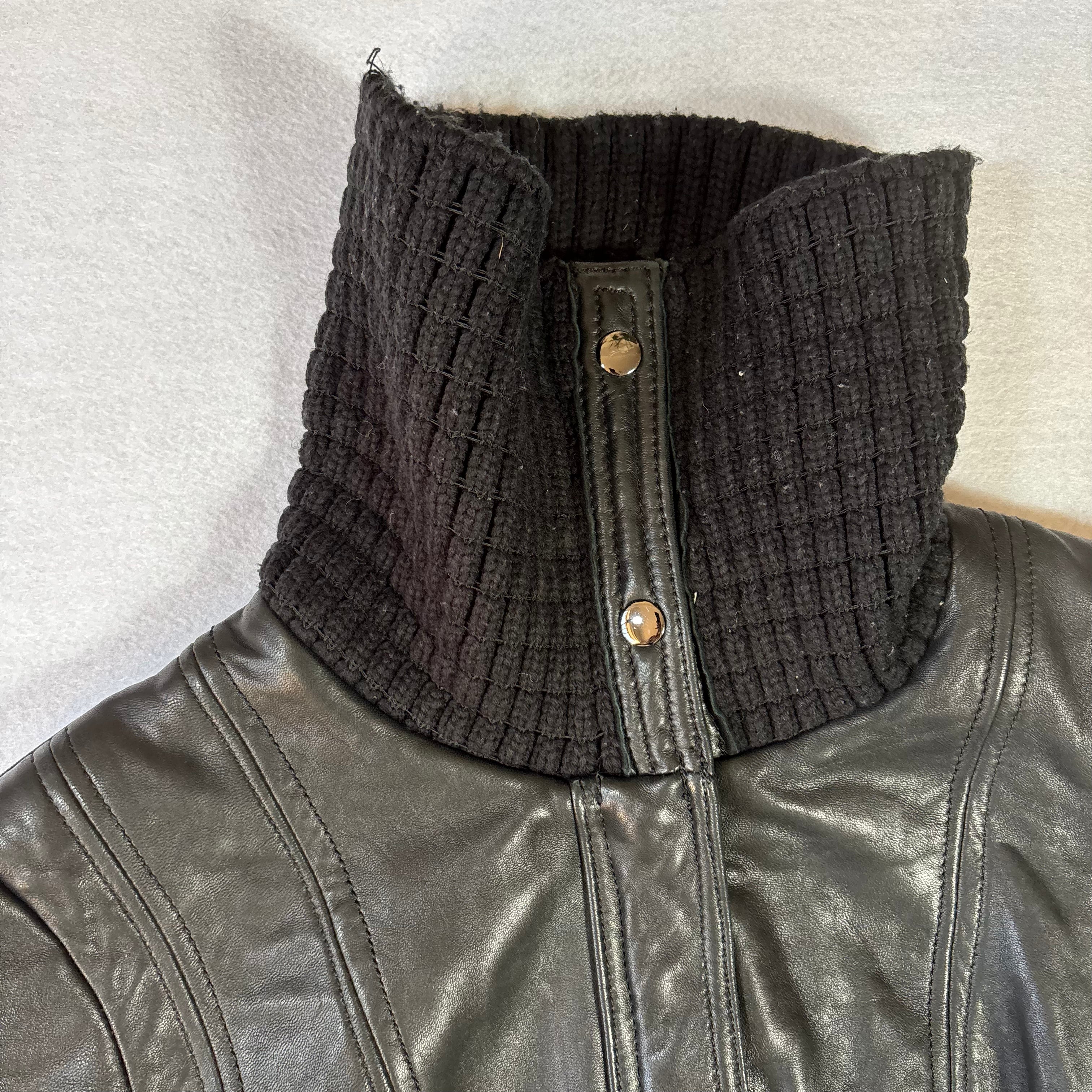 Vintage Black Leather Jacket with Knit Turtleneck Collar (L)