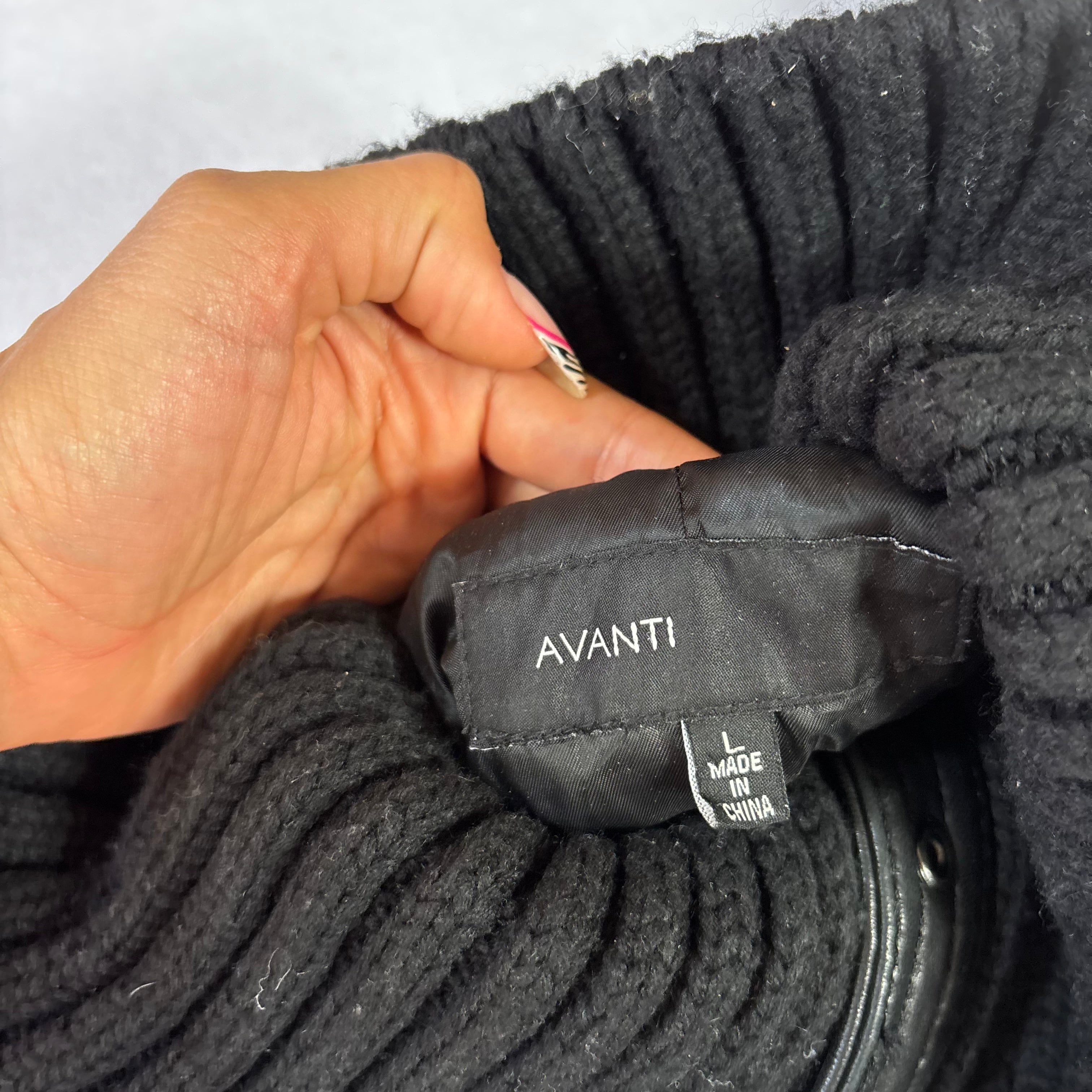 Vintage Black Leather Jacket with Knit Turtleneck Collar (L)