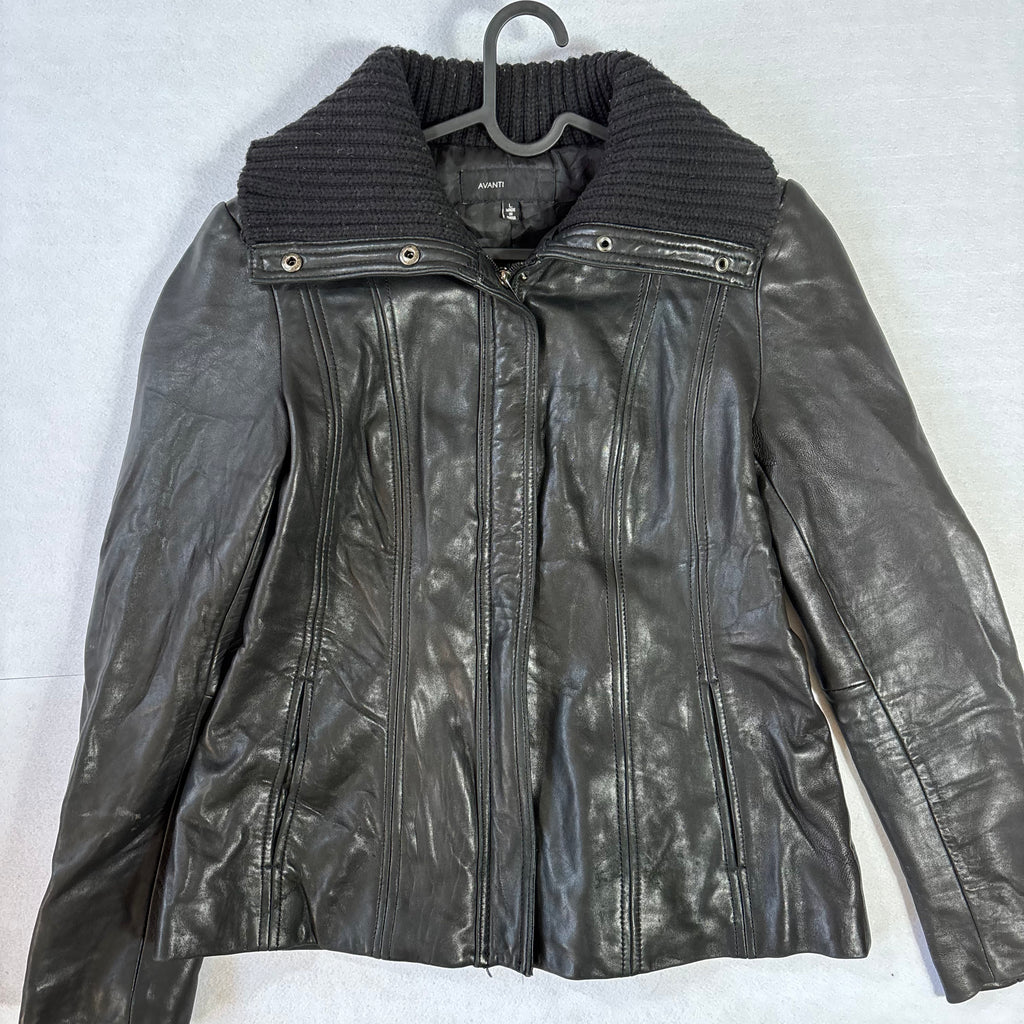 Vintage Black Leather Jacket with Knit Turtleneck Collar (L)