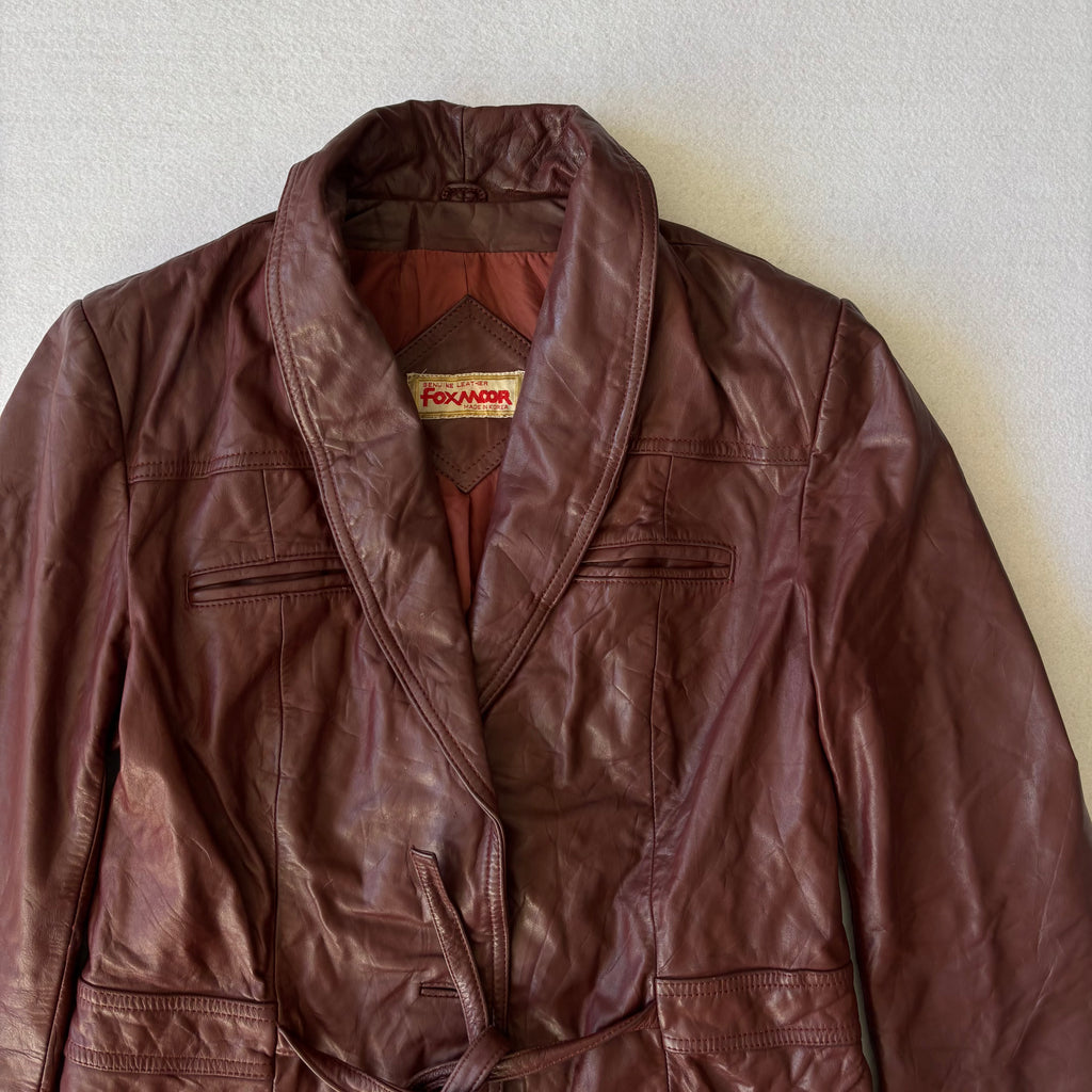 Vintage Burgundy Leather Short Trench Coat (M)