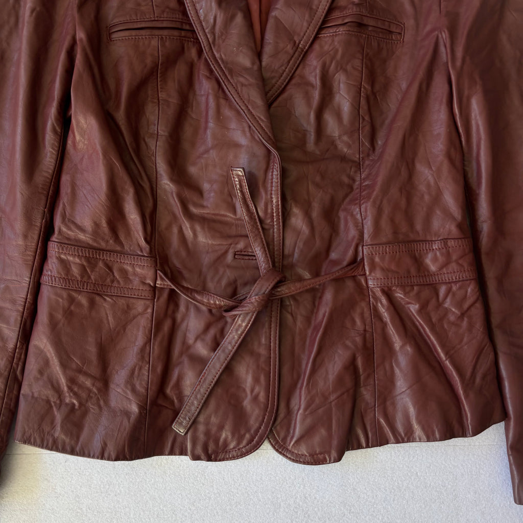 Vintage Burgundy Leather Short Trench Coat (M)