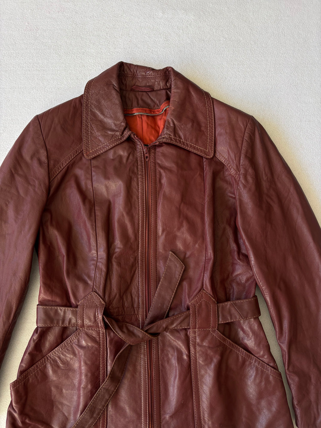 Vintage Burgundy Leather Trench Coat (M)