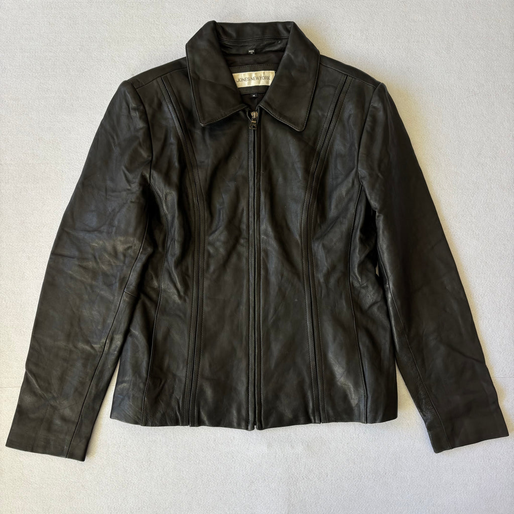 Vintage Black Leather Zip Up Jacket (M)