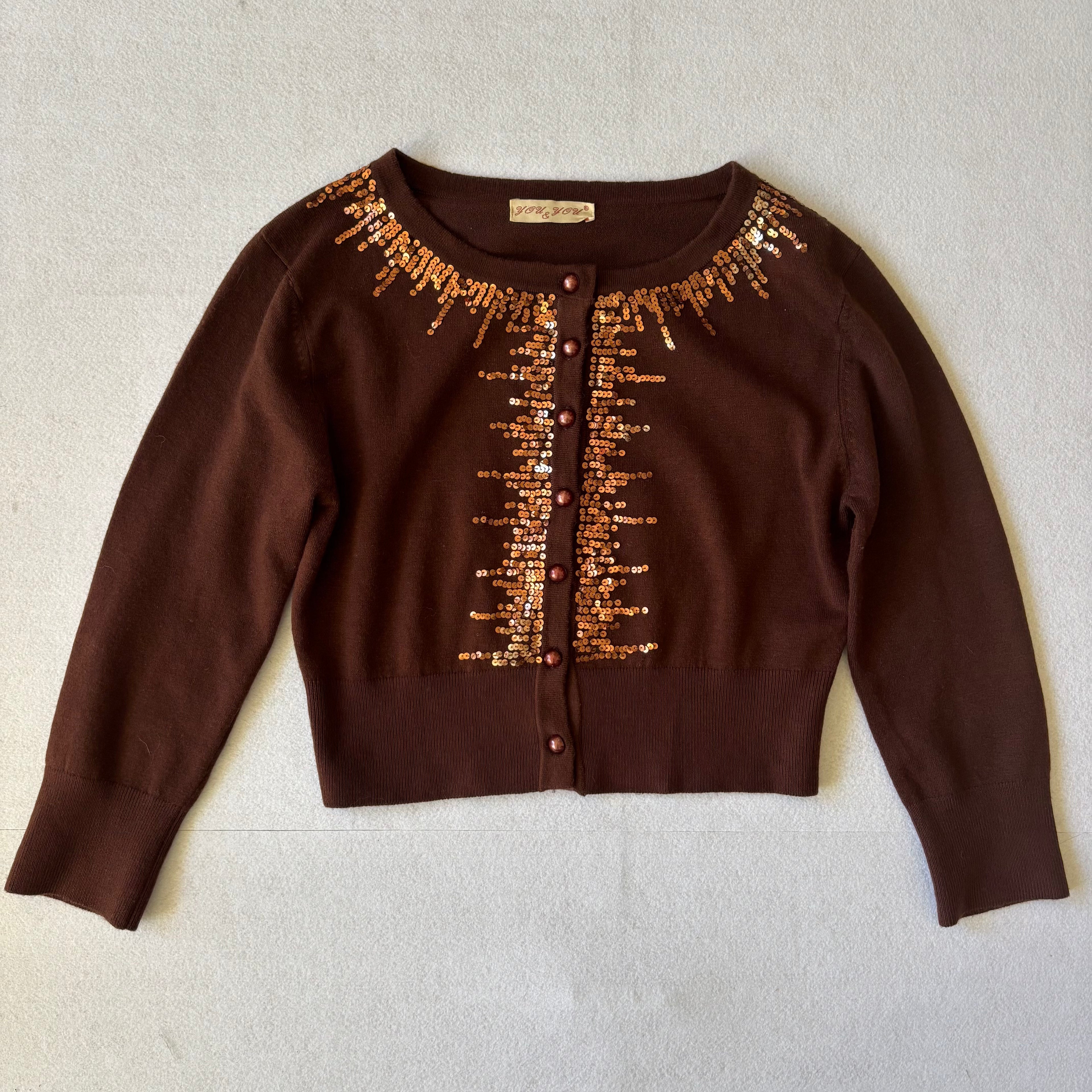 Y2K Brown Sequin Cardigan (S)