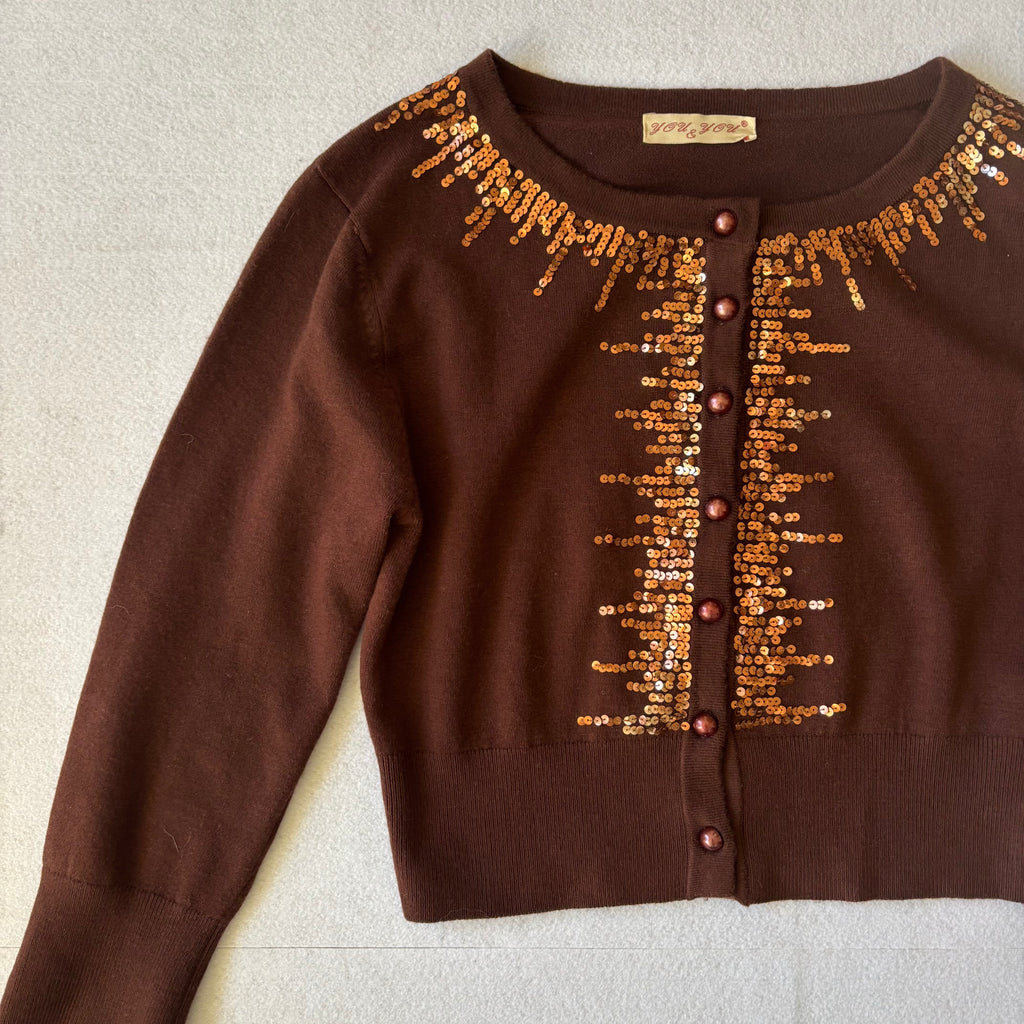Y2K Brown Sequin Cardigan (S)
