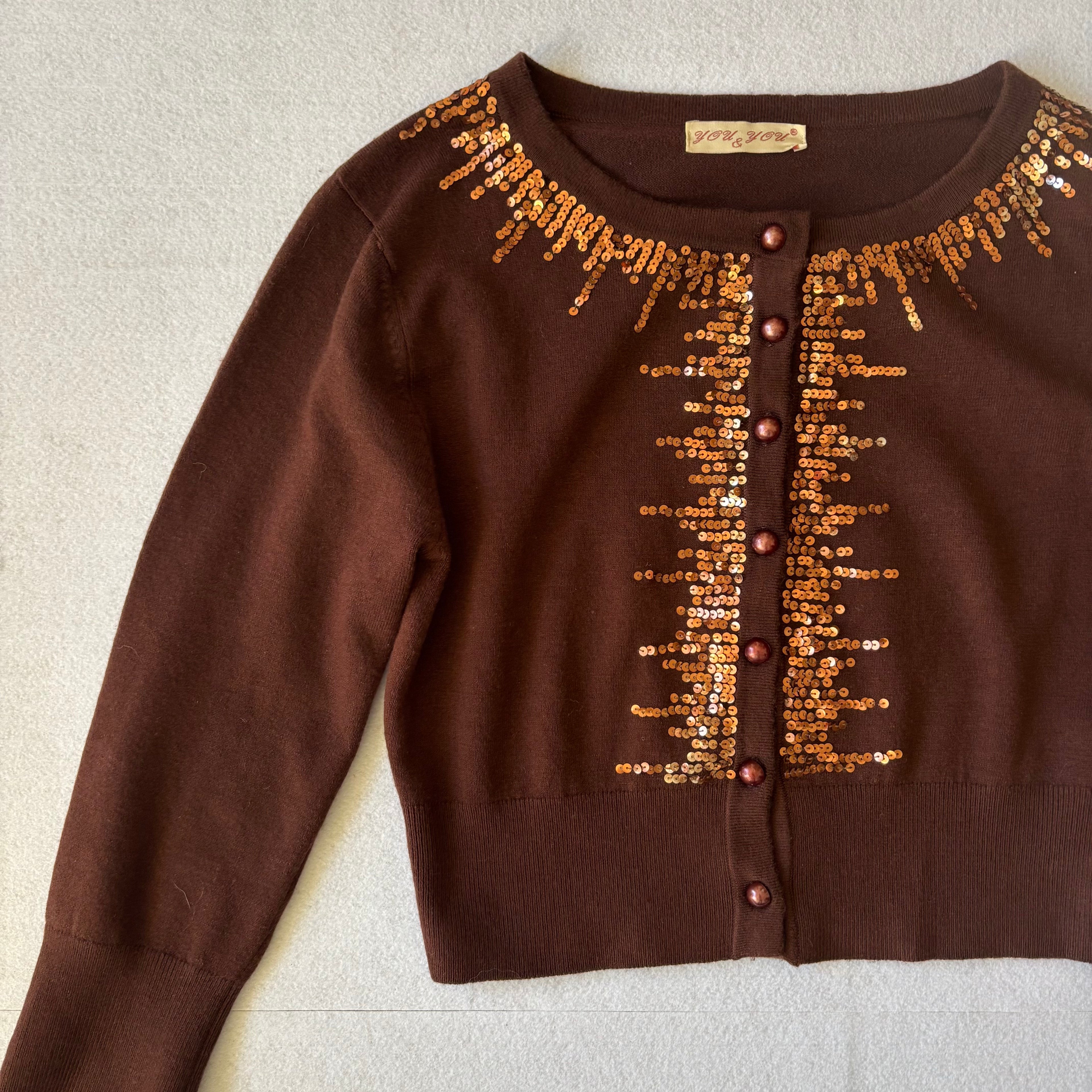 Y2K Brown Sequin Cardigan (S)