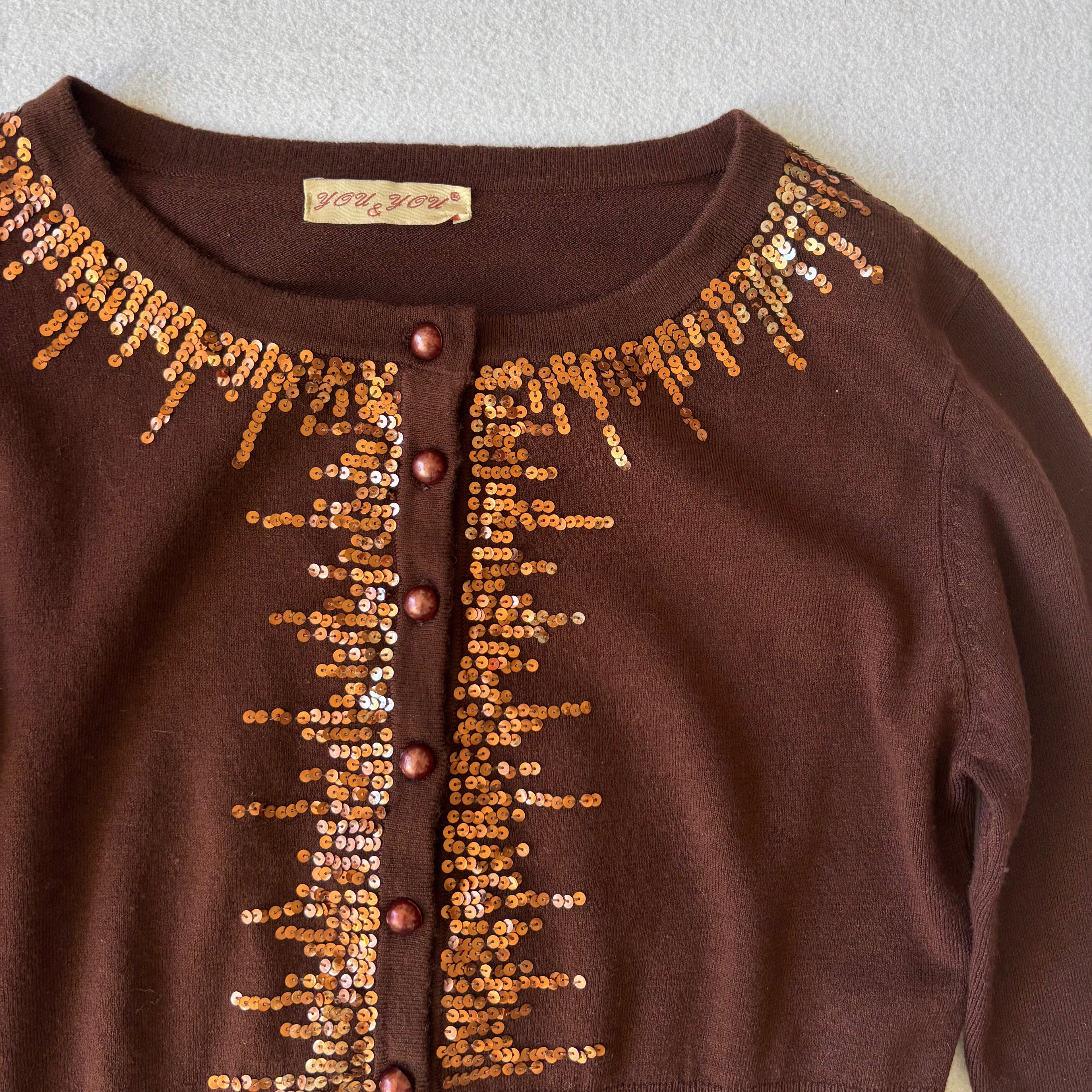 Y2K Brown Sequin Cardigan (S)