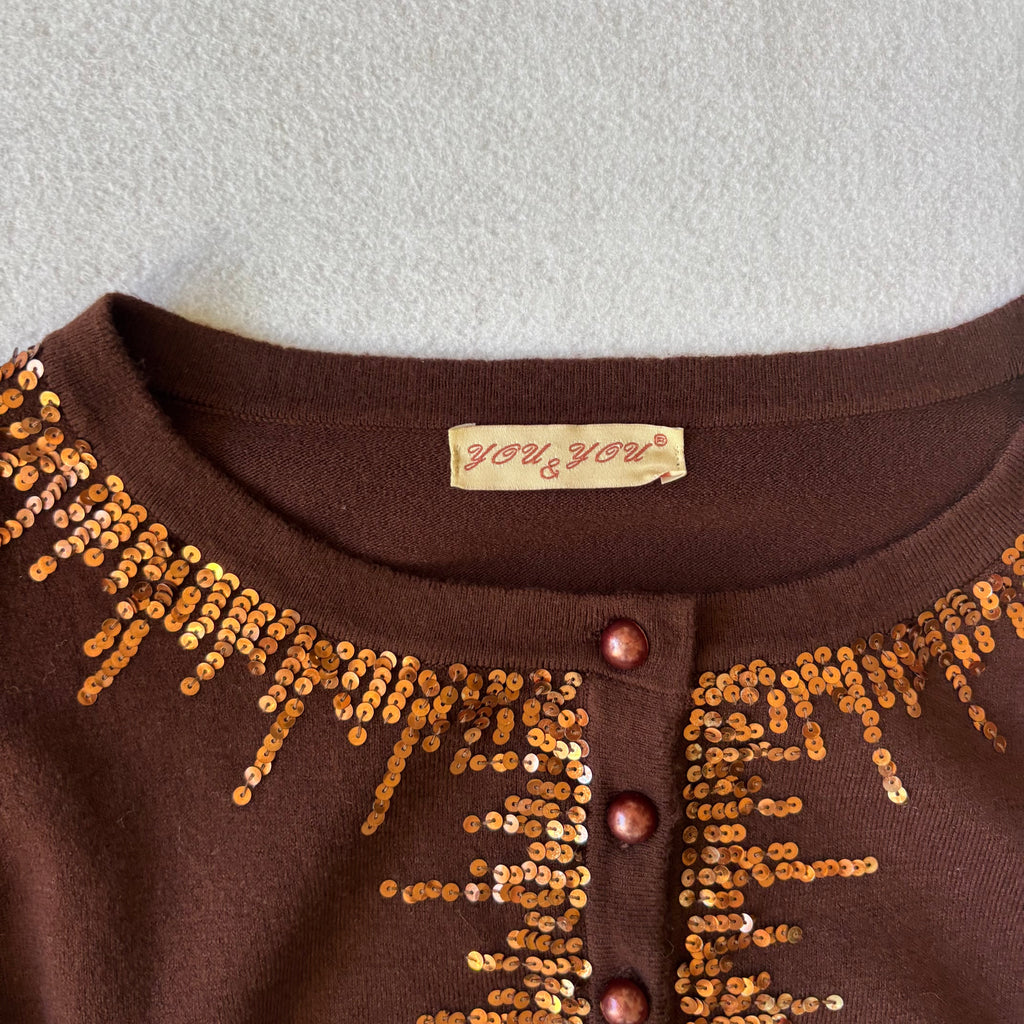 Y2K Brown Sequin Cardigan (S)