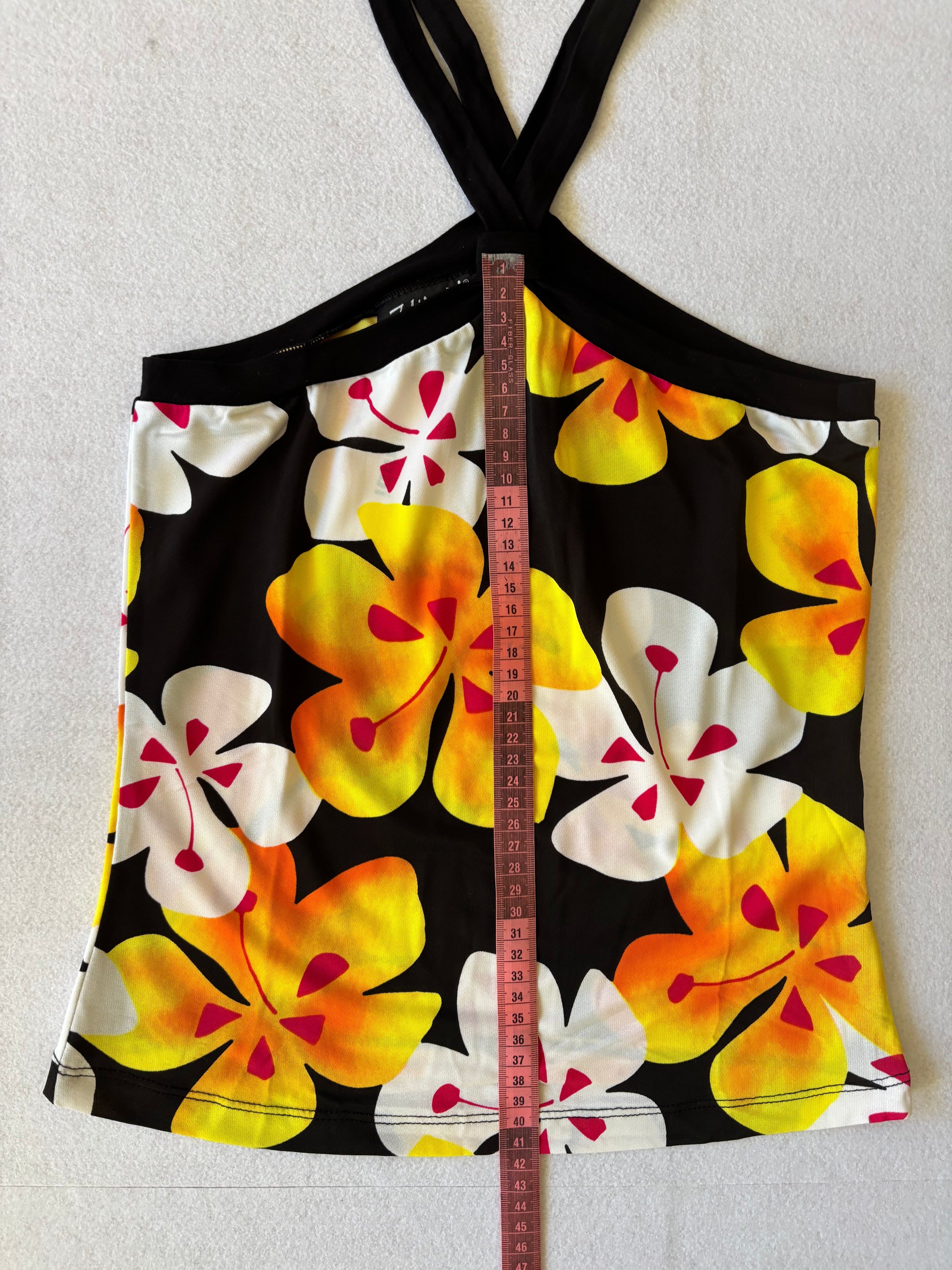 Y2K Black Tropical Floral Halter Top (S)