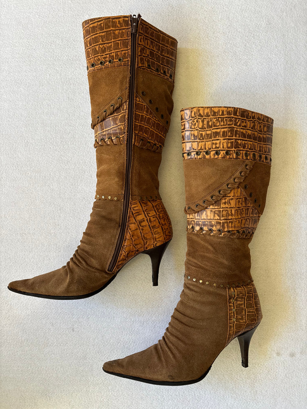 Vintage 90s Brown Suede & Croc Embossed Knee High Boots 37EUR