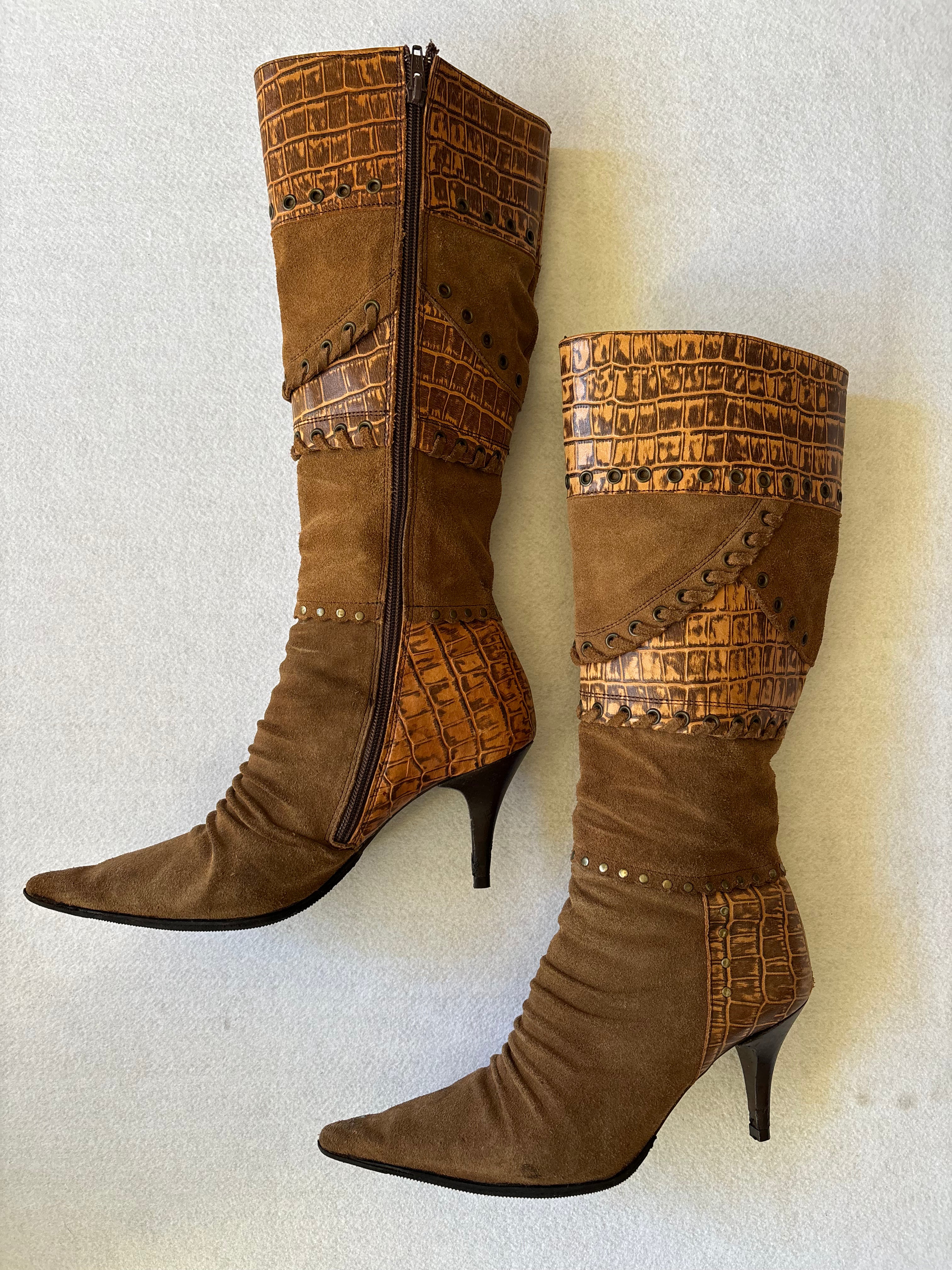 Vintage 90s Brown Suede & Croc Embossed Knee High Boots 37EUR