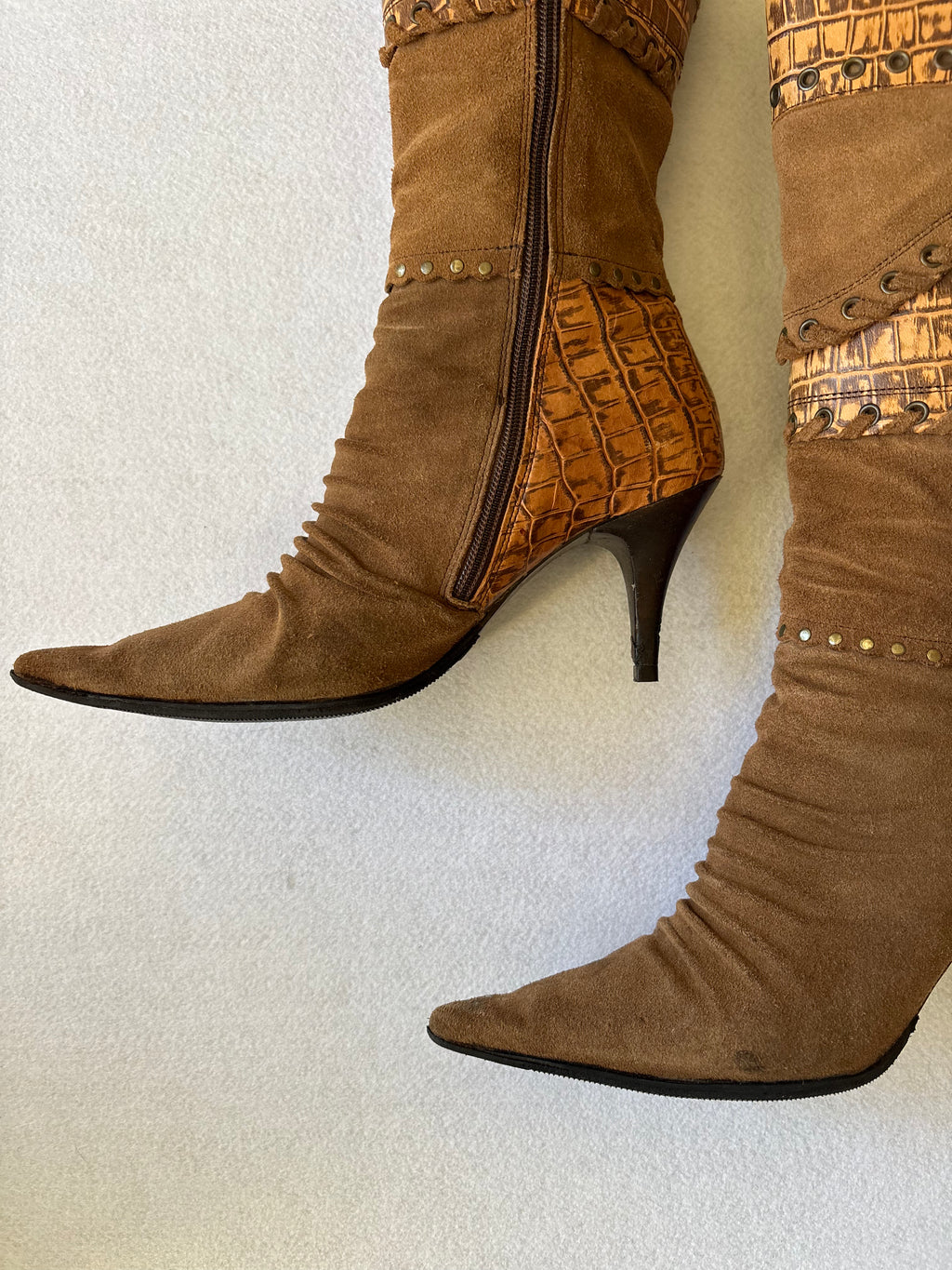 Vintage 90s Brown Suede & Croc Embossed Knee High Boots 37EUR