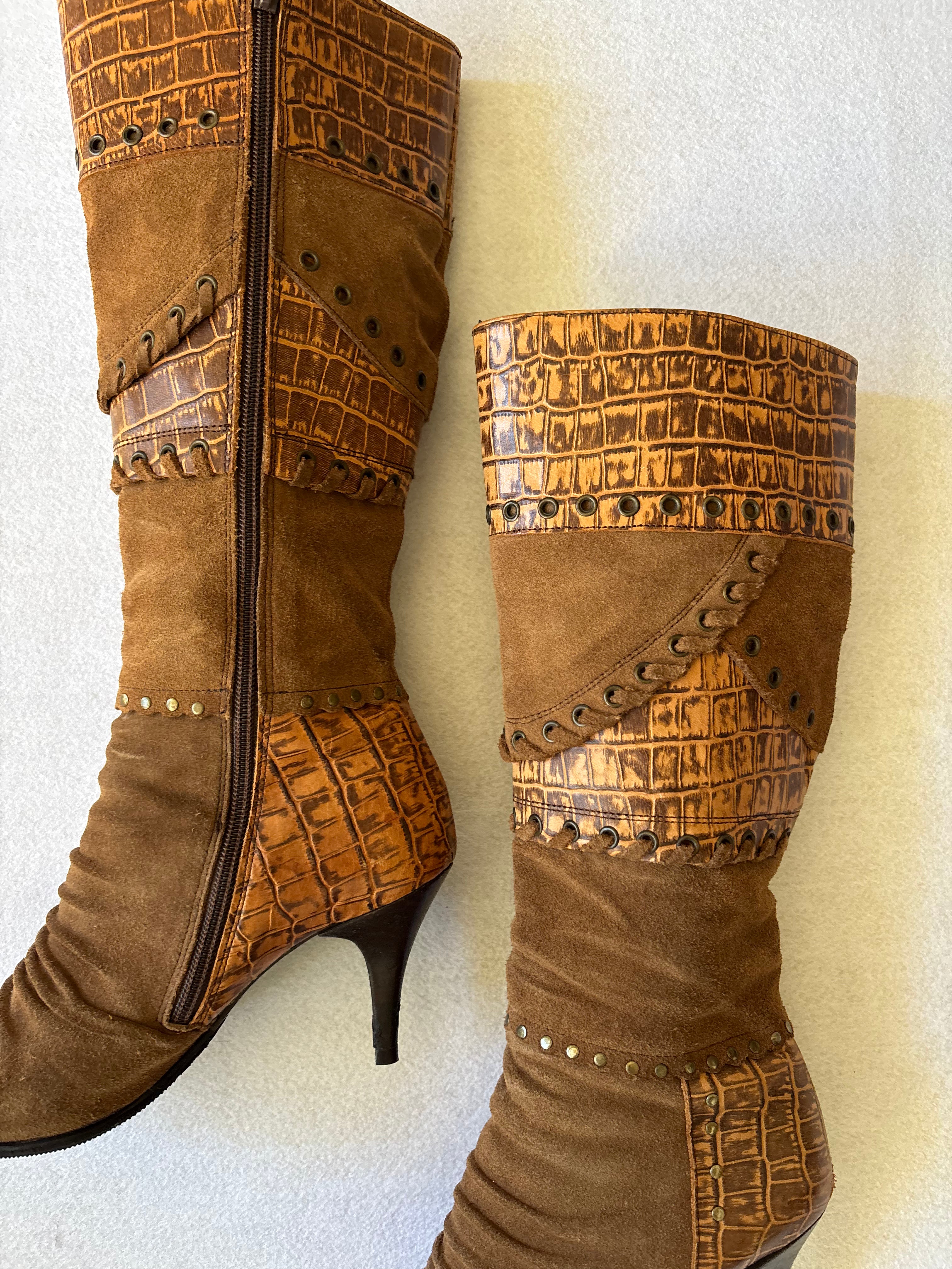 Vintage 90s Brown Suede & Croc Embossed Knee High Boots 37EUR