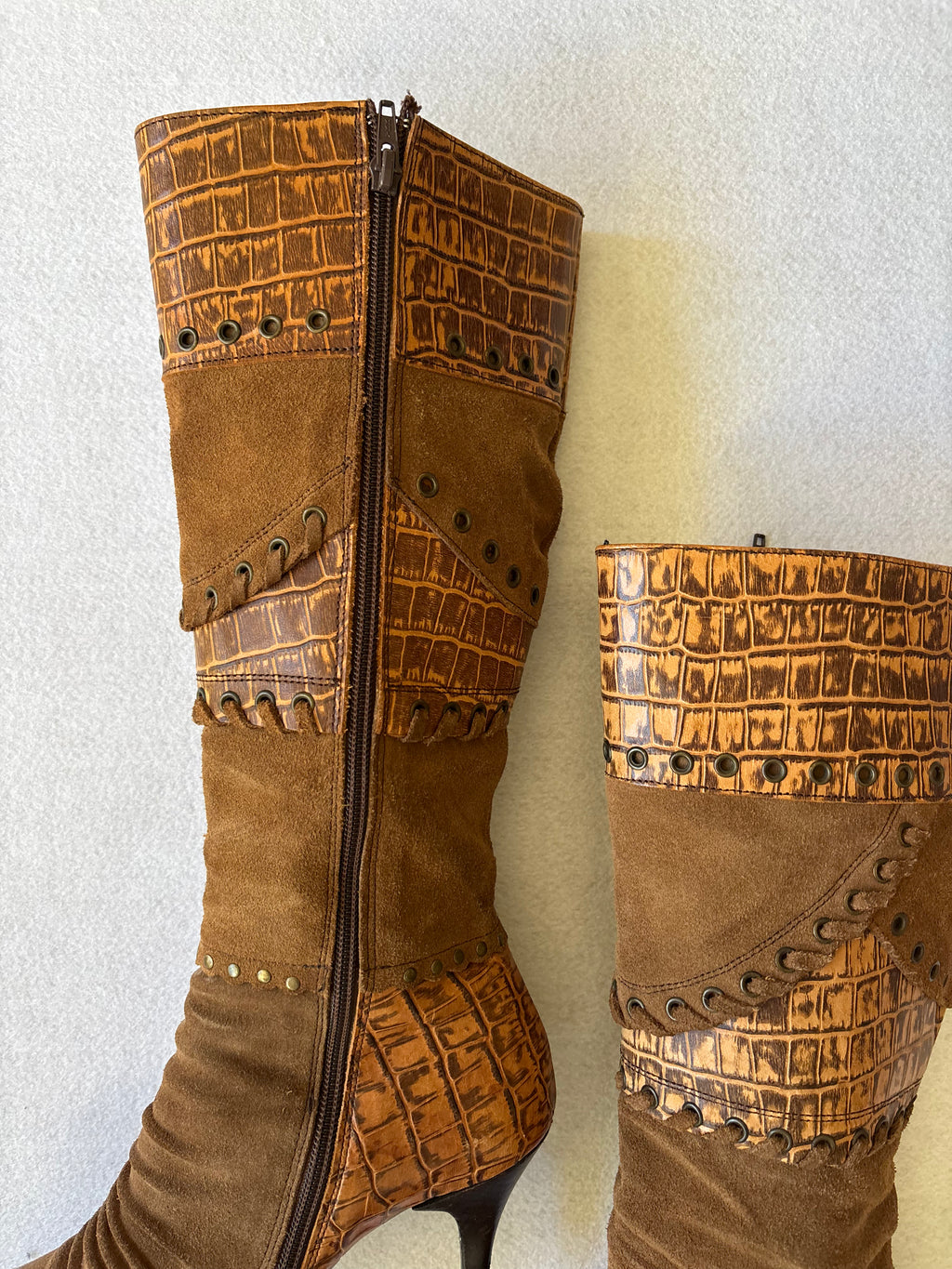 Vintage 90s Brown Suede & Croc Embossed Knee High Boots 37EUR
