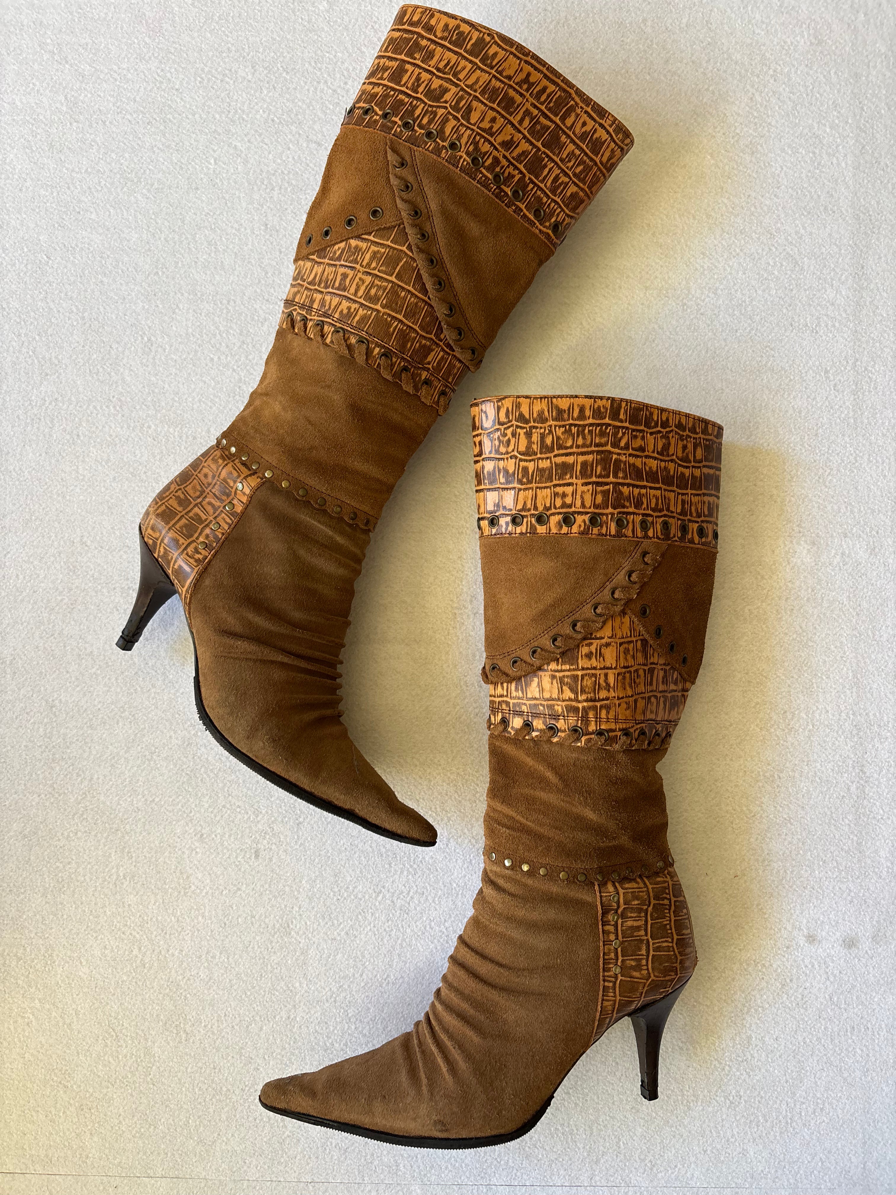 Vintage 90s Brown Suede & Croc Embossed Knee High Boots 37EUR