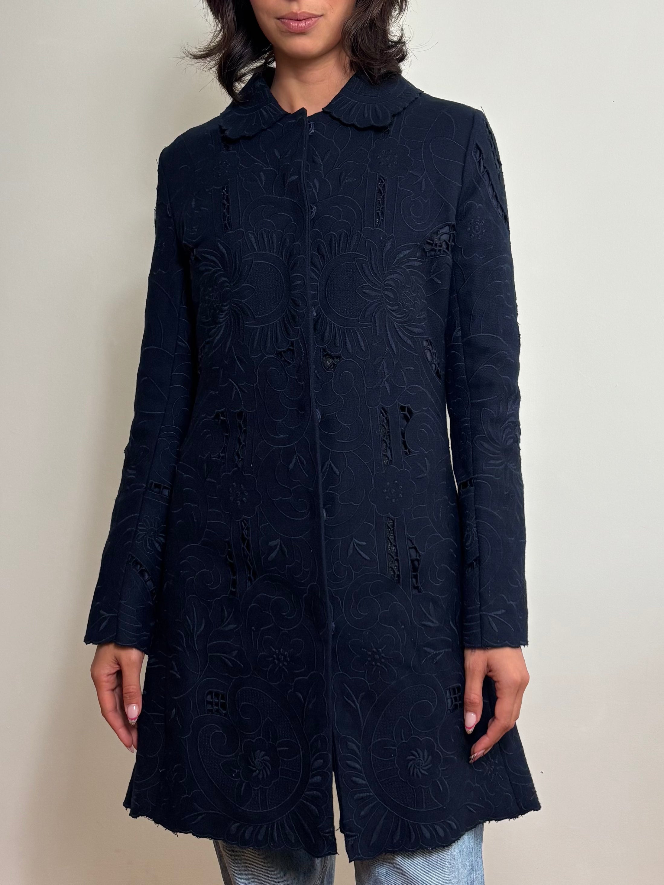 Vintage Blue Floral Cutout Embroidered Long Trench Coat (S)