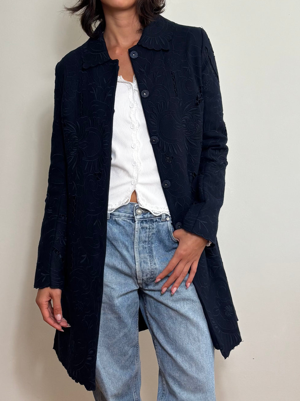 Vintage Blue Floral Cutout Embroidered Long Trench Coat (S)