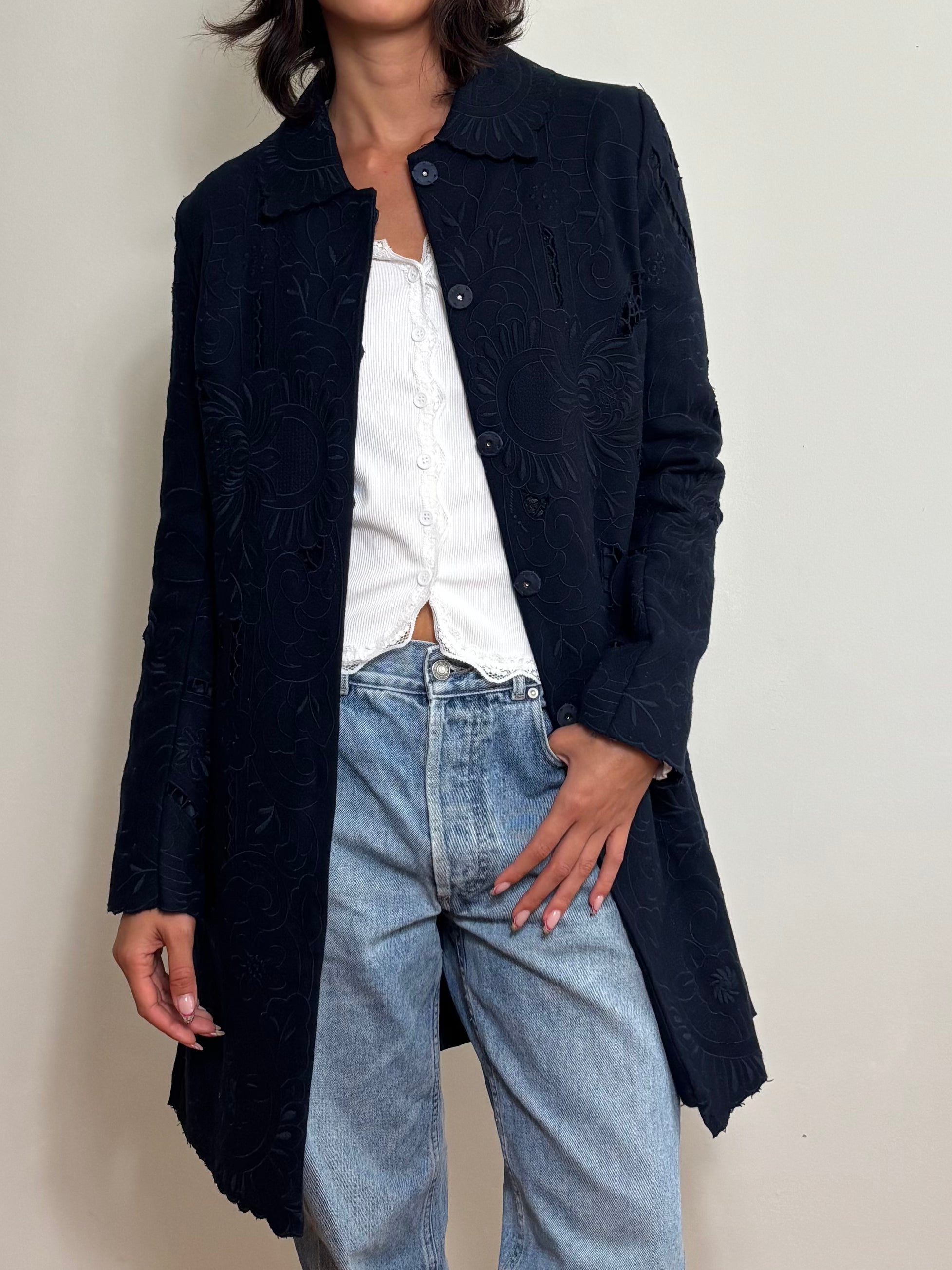 Vintage Blue Floral Cutout Embroidered Long Trench Coat (S)