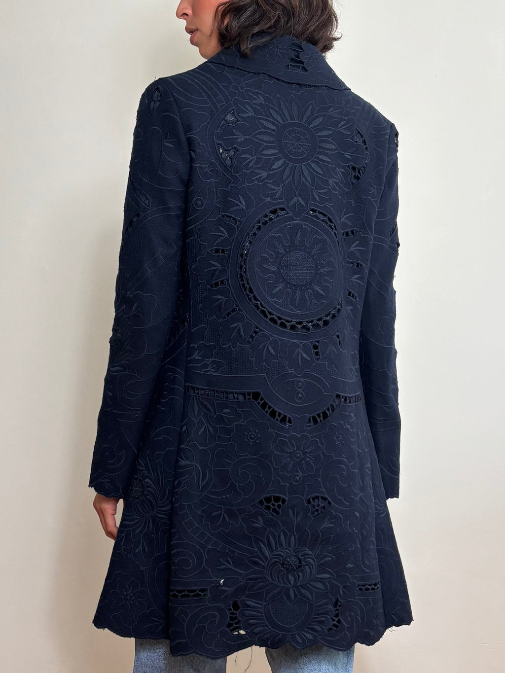 Vintage Blue Floral Cutout Embroidered Long Trench Coat (S)