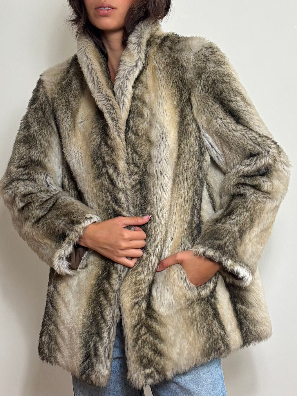 Vintage Faux Fur Striped Coat (M)